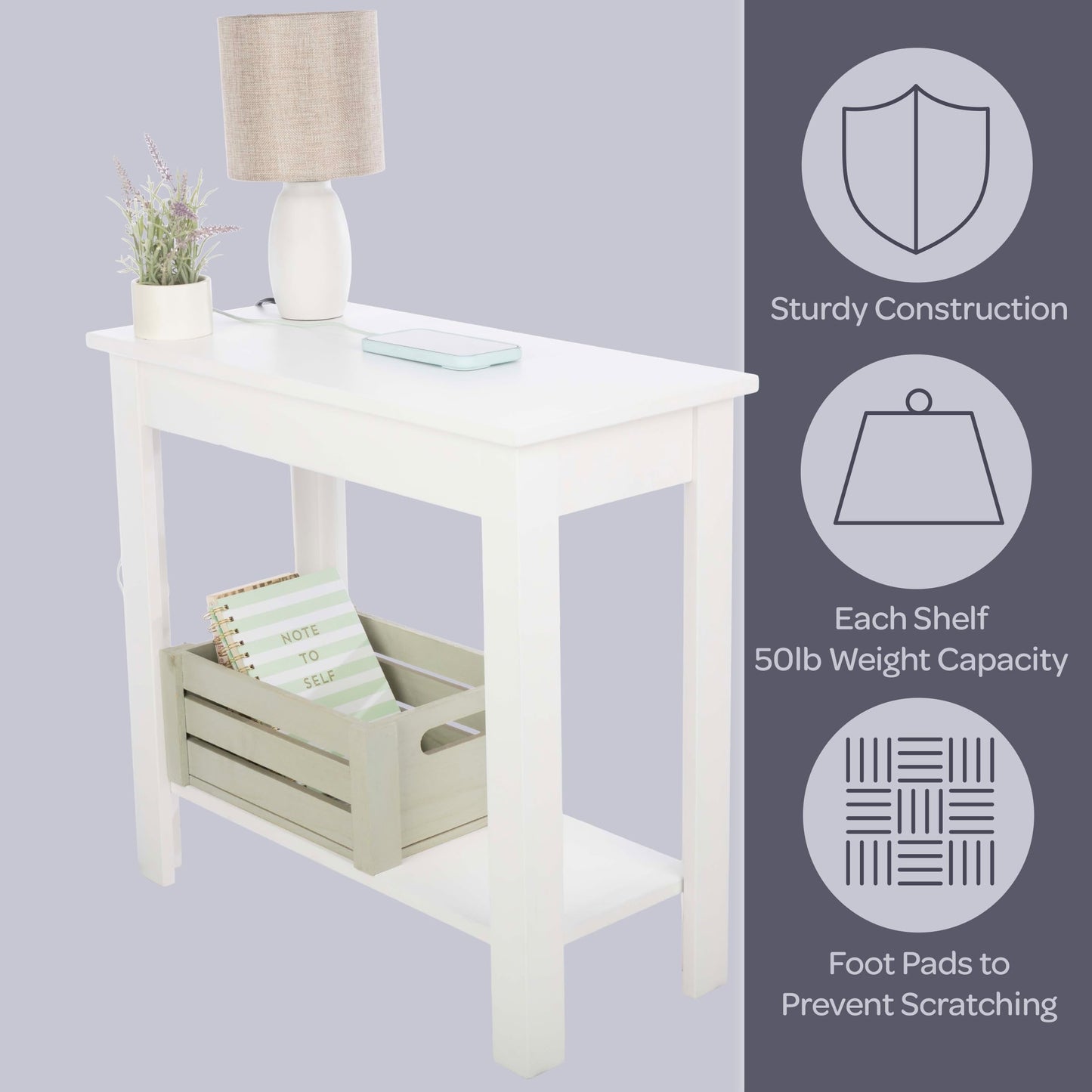 Lavish Home Narrow Side Table with Charging Station - Small End Table with 2 USB Ports, 2 Power Outlets, and Storage Shelf - Slim Nightstand for Living Room, Bedroom, or Small Spaces (White)