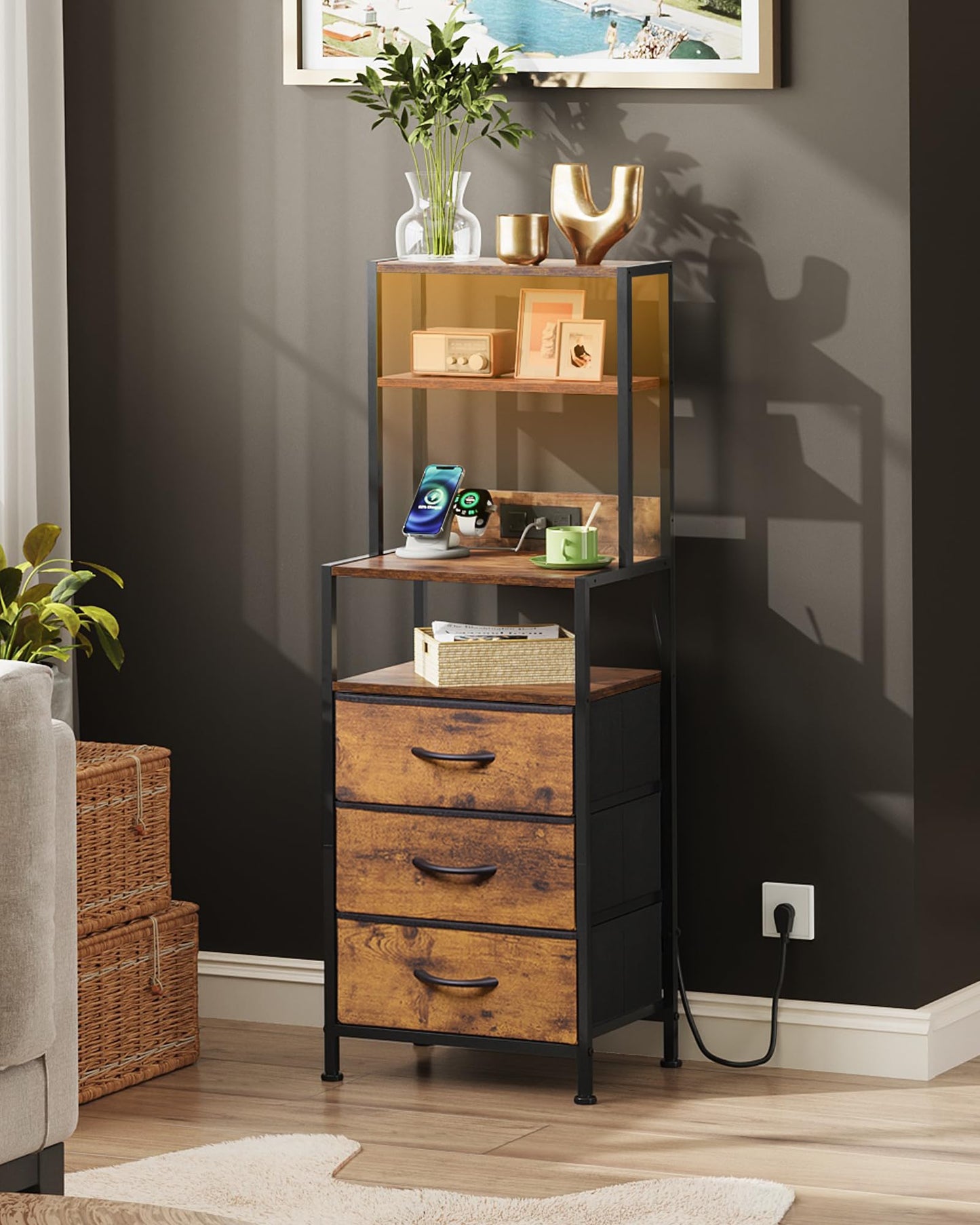 WLIVE Tall Nightstand with 3 Fabric Drawers, Night Stand with Charger Station and Open Shelves, LED Nightstand, Bed Side Table for Bedroom, Living Room, Rustic Brown