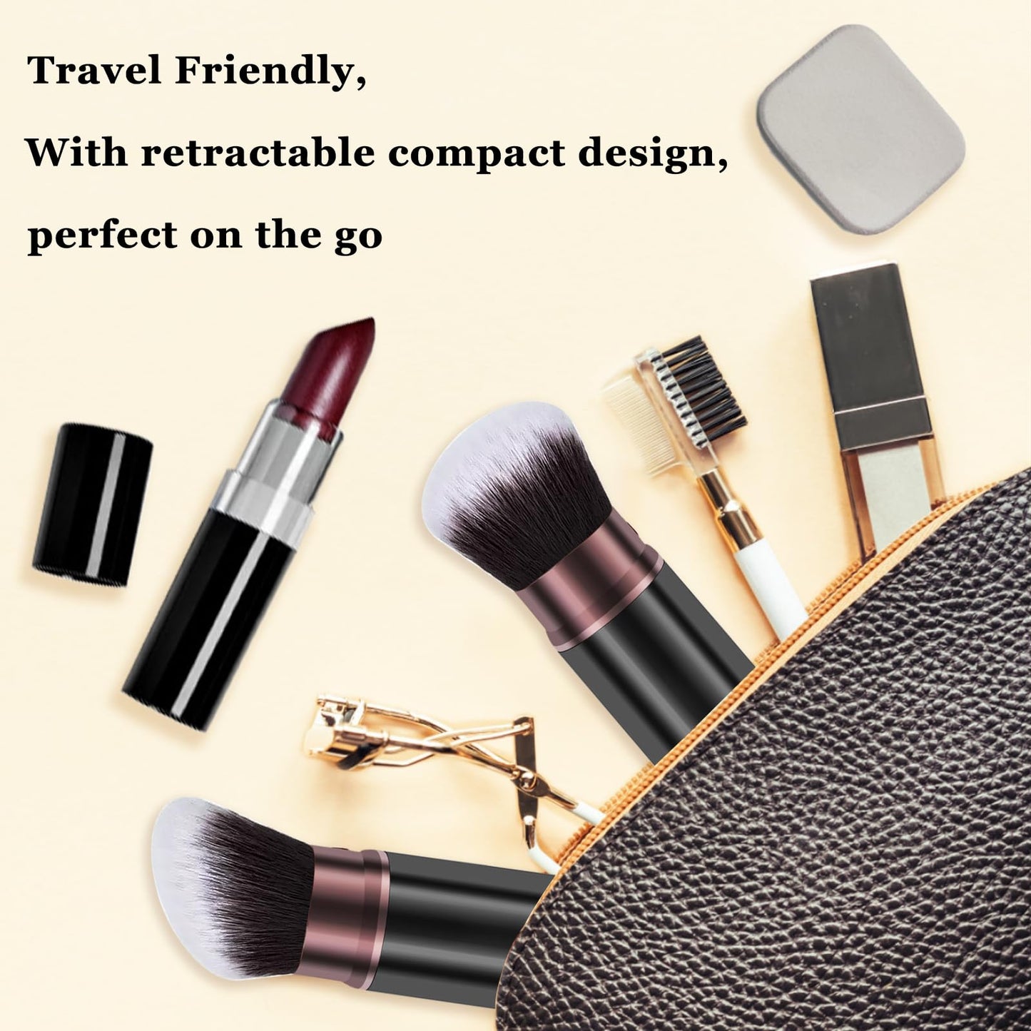 Keriloo Retractable Kabuki Makeup Brush, 2 Pack Travel Powder Foundation Makeup Brush Face Blush Brushes for Blending Liquid, Blush, Bronzer, Buffing, Sunscreen,Flawless Cosmetics