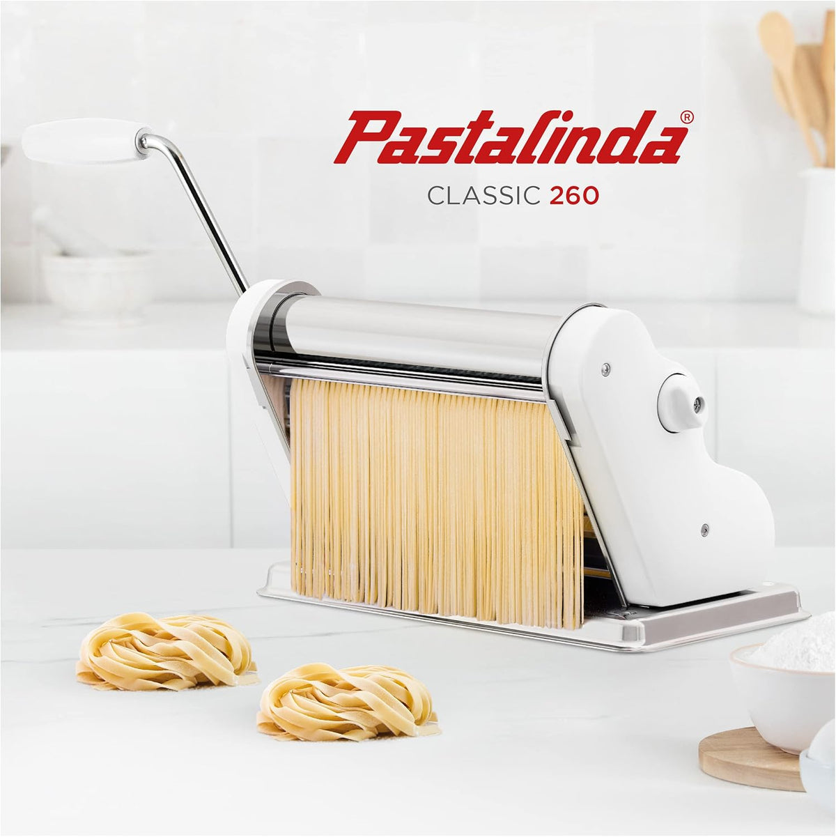 PASTALINDA Classic 260 Pasta Maker Machine, 26 cm Wide Rollers, 9 Thickness Positions, 2 Cutting Positions, Stainless Steel. Includes Reinforced Hand Crank And Two Clamps (White)