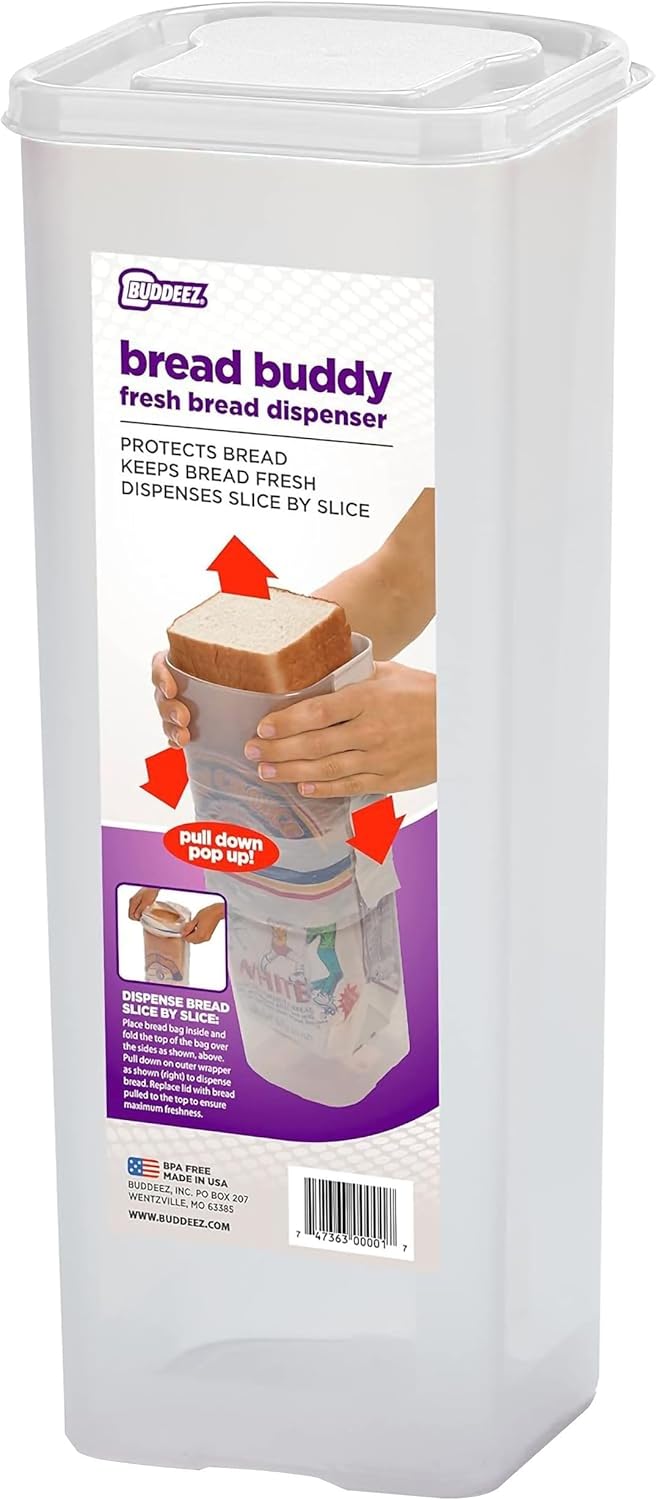 Buddeez Bread Buddy Airtight Bread Storage Container- Slice by Slice Dispensing Design - Perfect Pantry Organizer - White Lid Pack of 2