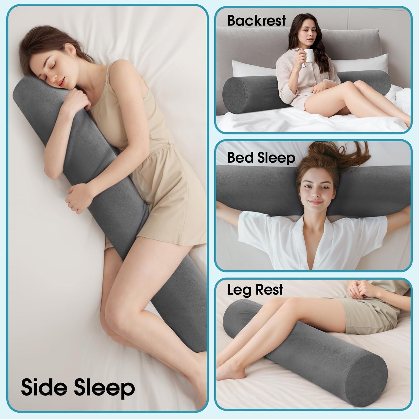 SereneCloud Memory Foam Body Pillow, Long Pillow for Bed, Big Full Body Pillows for Adults, Multifunctional Bolster Pillow with Removable & Washable Velvet Cover, Cylindrical Side Pillow (35.43"*7.9")