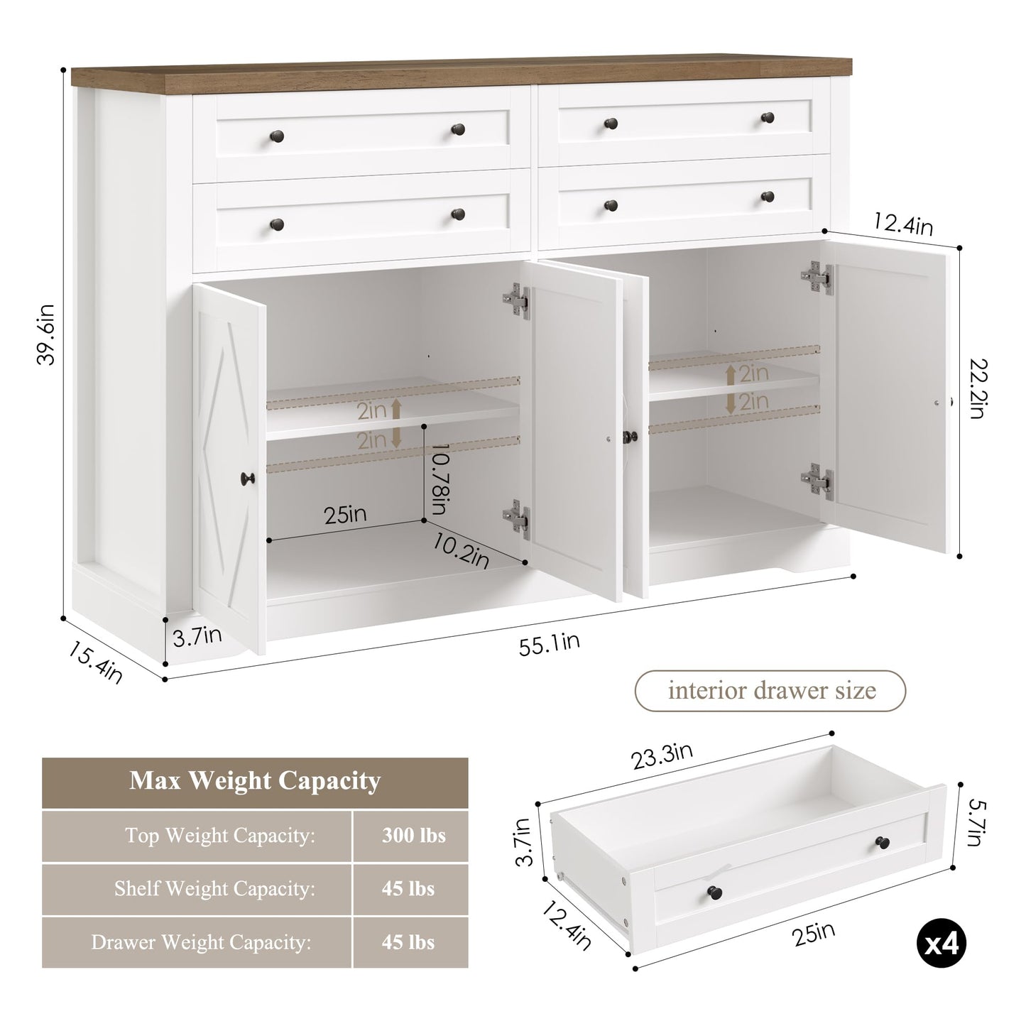 HOSTACK 55" Coffee Bar with 4 Large Drawers, 40" Tall Buffet Cabinet with Storage, Kitchen Storage Cabinet, Modern Farmhouse Sideboard Buffet, Adjustable Shelves for Living Room, White