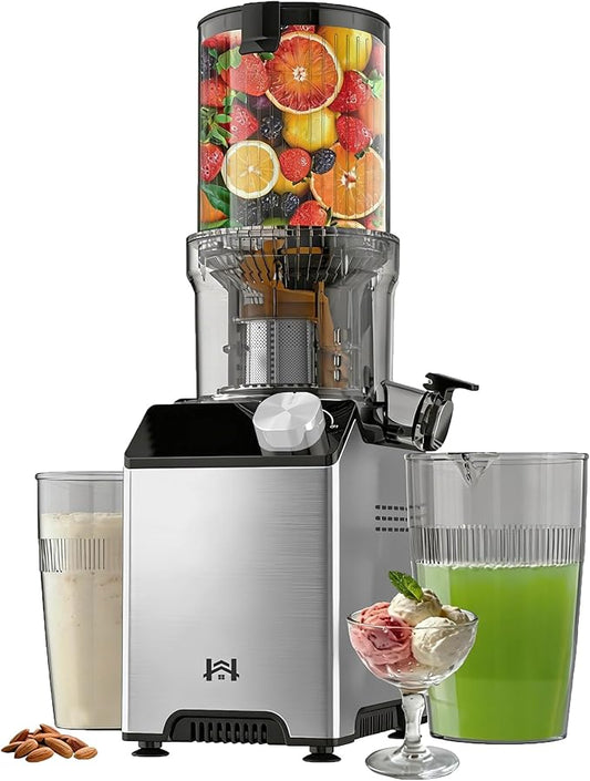 Cold Press Juicer, Wide Feed Chute Juicer Machines, Stainless Steel Slow Masticating Juicers Easy to Clean, Vegetables & Fruits Juice Extractor, High Juice Yield, Platinum Color Knob