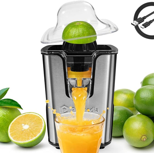 Rechargeable Electric Citrus Juicer, 40W Cordless Orange Juice Squeezer with USB-C Charging, Stainless Steel Lemon Juicer with Adjustable Anti-Drip Spout & 2 Cones, Portable for RV