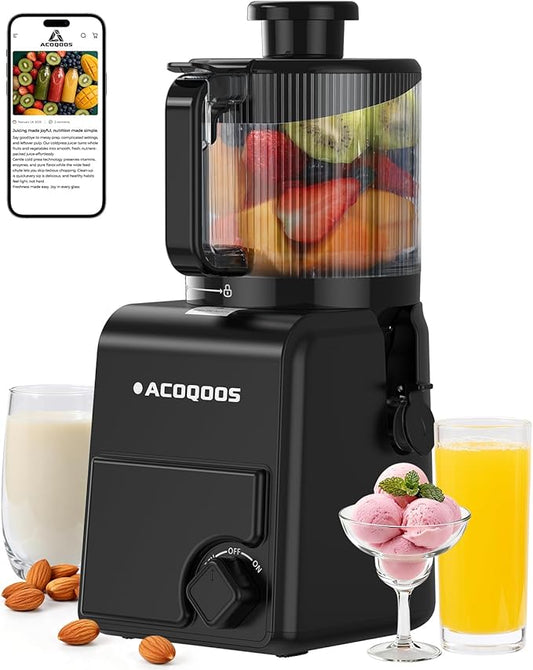 ACOQOOS Juicer Machines, 6.5" Extra Large Feed Chute Cold Press Juicer 3-IN-1 with Sorbet & Nut Milk, BPA Free, Easy to Clean, 100 OZ Hopper, Ultra Black