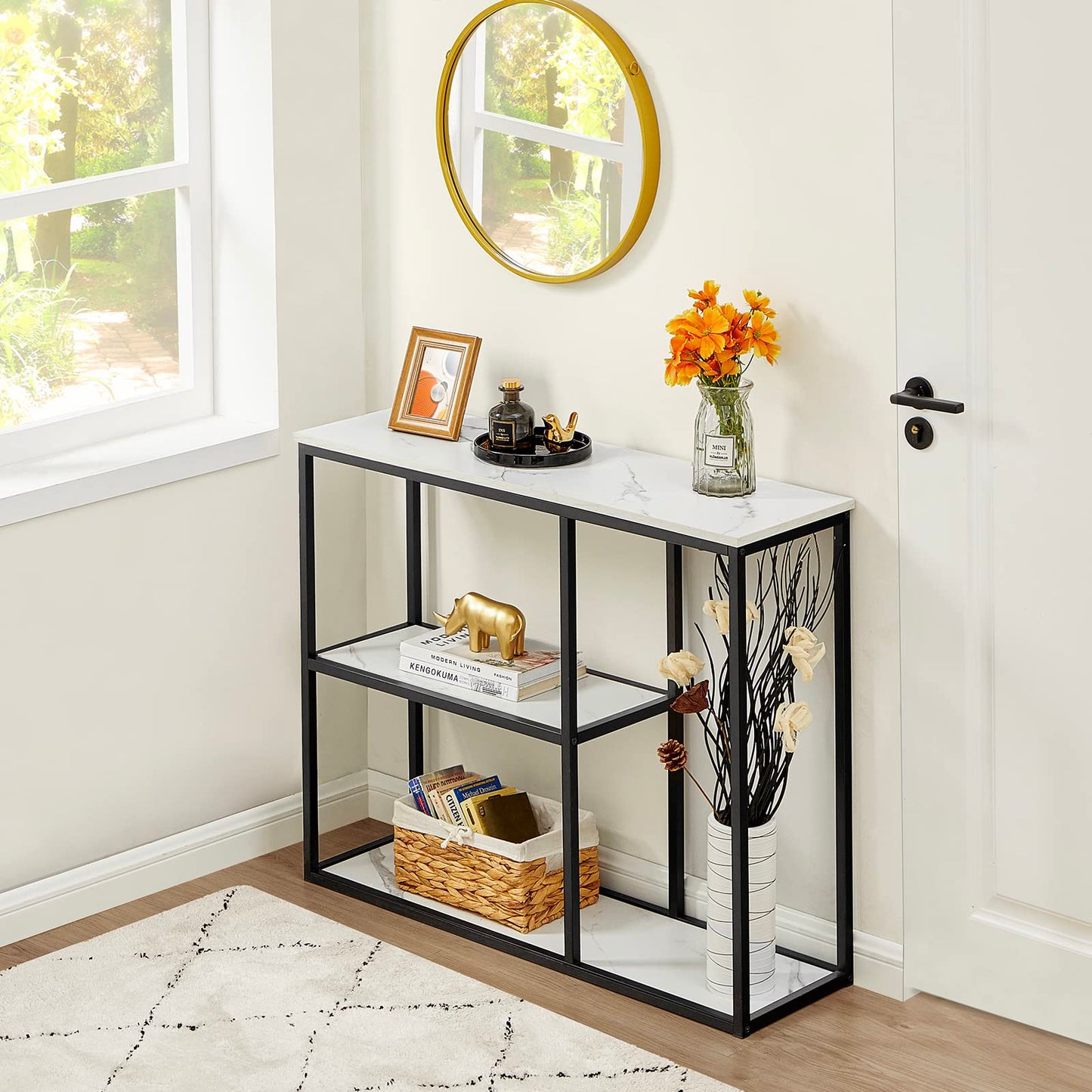 WOHOMO Console Table, 12 Inch Narrow Entryway Table for Living Room, 31.5 Inch Modern Industrial Sofa Table with 3-Tier Storage Shelves for Corridor, Hallway, White Marble