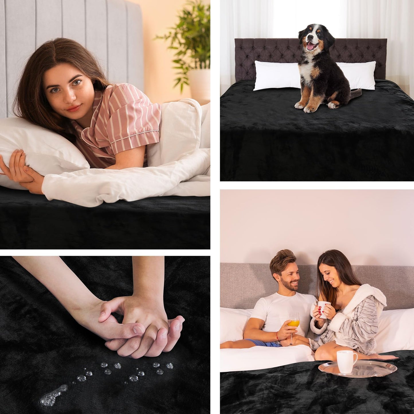 Tisancy Love Black Waterproof Bed Blanket, Twin Size 80'' x 60'' Double Side Lightweight & Reversible for Comfort, Flannel Fleece 3 Layer Blanket, Absorbs 50oz