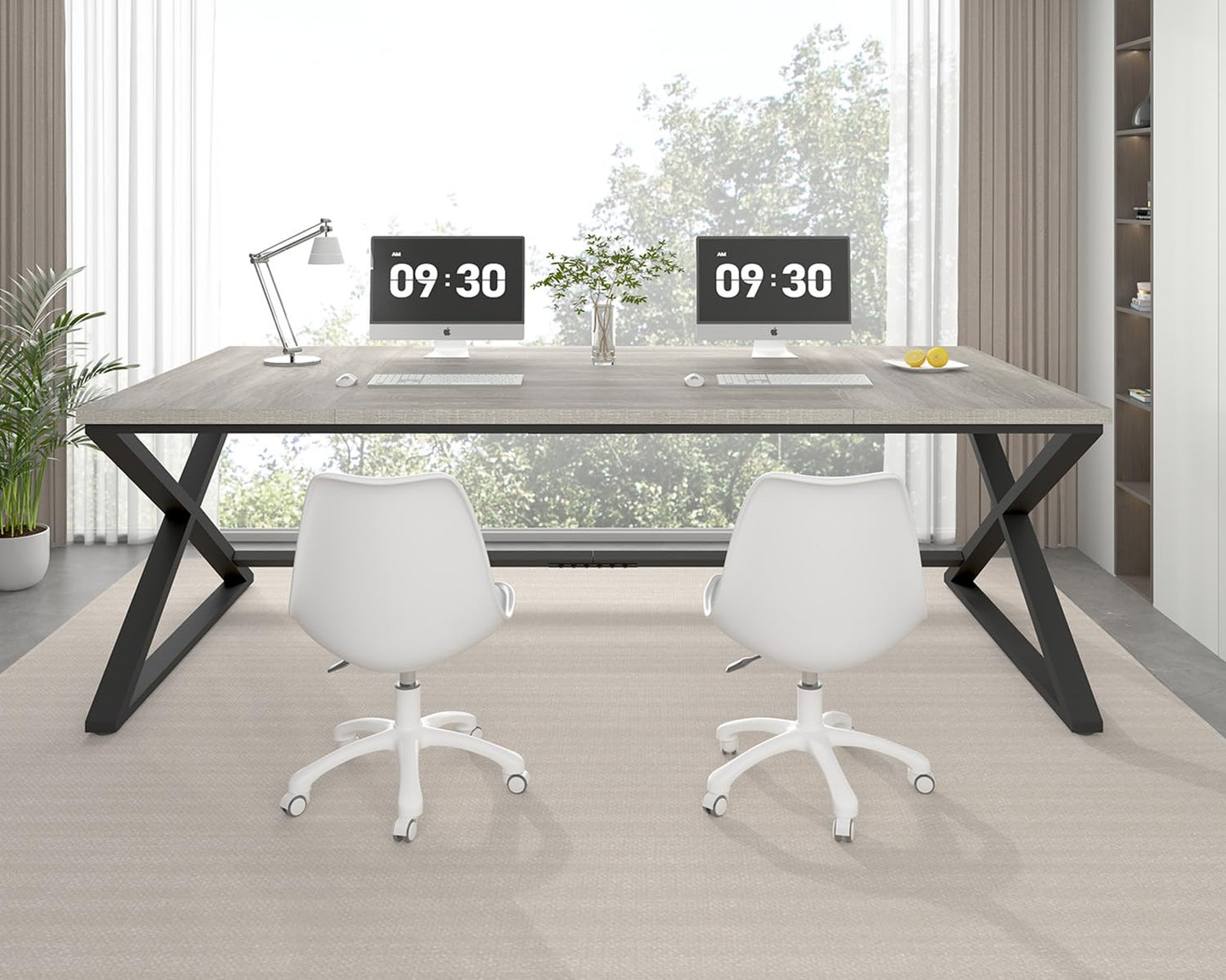 IBF Large Home Office Computer Desk, Industrial Long Work Study Writing Desk, Simple Executive Conference Table for 2 Person, Wood Metal Double Pc Gaming Workstation in Bedroom, Light Grey Oak, 70 in
