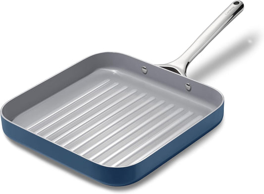 Caraway Square Grill Pan - 11” Grill Pan - Non-Stick Ceramic Coated - Non Toxic, PTFE & PFOA Free - Oven Safe & Compatible with All Stovetops - Navy