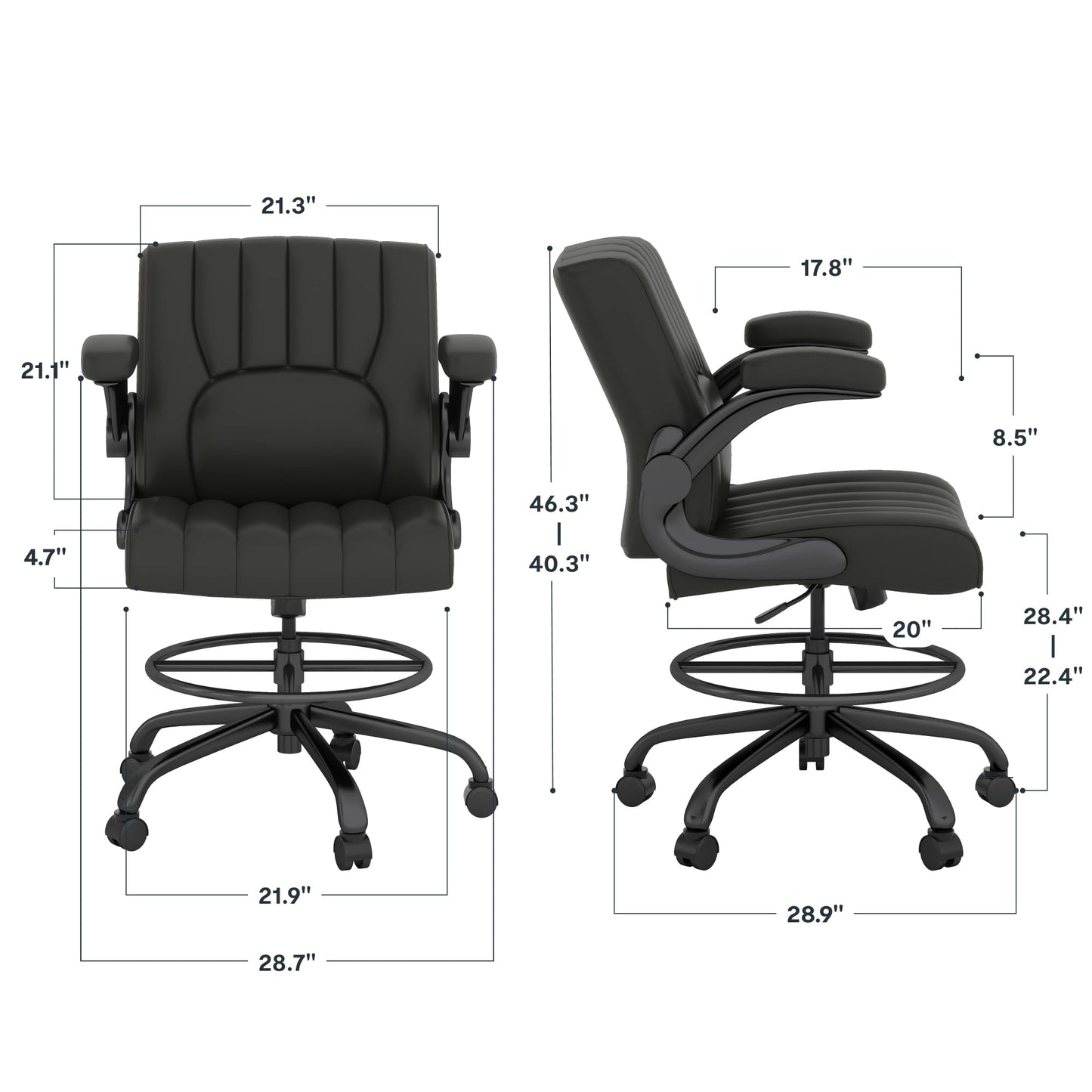 FLEXISPOT Drafting Chair, Black Desk Chair, Comfortable Office Chair with Adjustable Foot Ring Footrest/Flip-up Armrest/4.7in Thick Seat Cushion, Black Vanity Chair with Back, Leather Seat