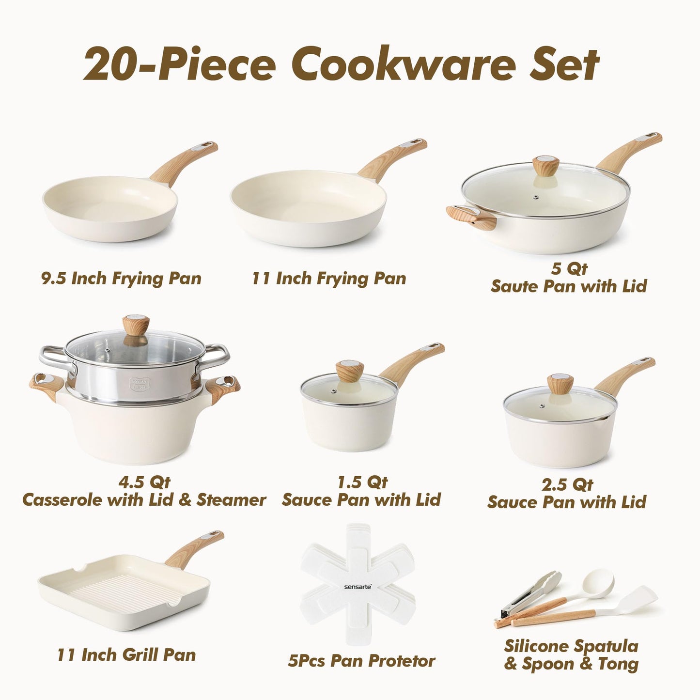SENSARTE Ceramic Cookware Sets, Pots and Pans Set Nonstick, 20-Piece Induction Cookware, Non-toxic Healthy Non Stick Kitchen Cooking Set with Stay-Cool Handles, PFAS PTFE PFOA PFOS Free