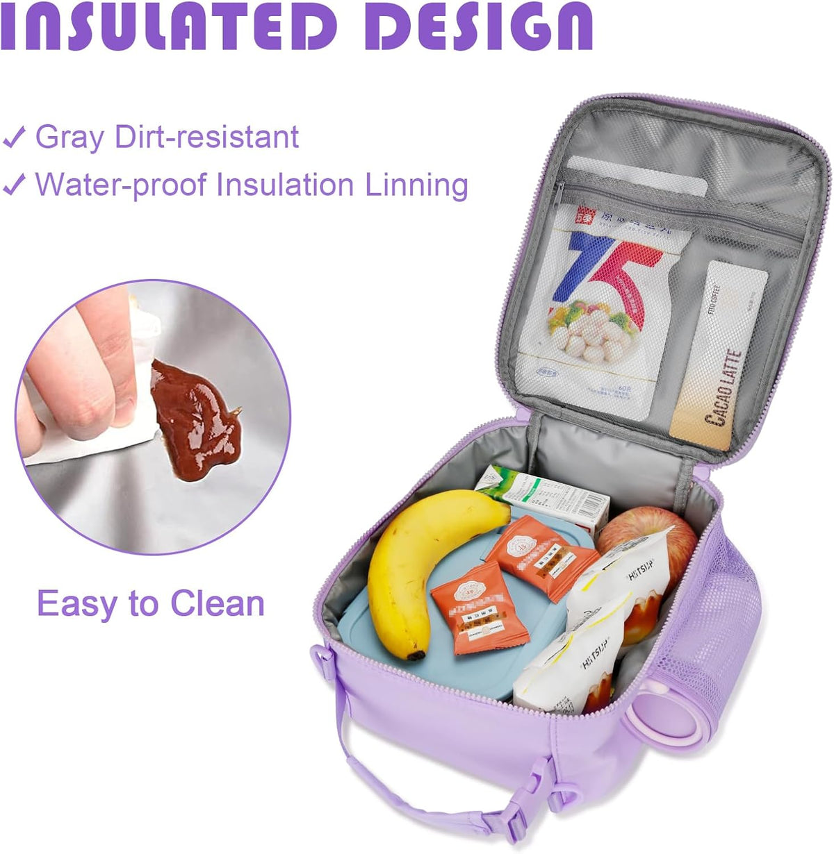 Initial Insulated Lunch Bag for Girls Kids, Back to School Gift, Reusable Leak-proof Lunch Box with Adjustable Strap for School Daycare Travel Picnic (Purple,B)