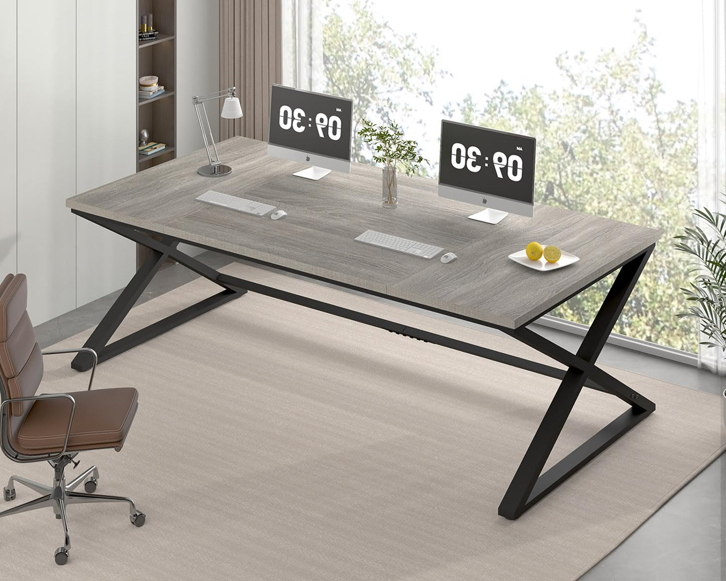 IBF Large Home Office Computer Desk, Industrial Long Work Study Writing Desk, Simple Executive Conference Table for 2 Person, Wood Metal Double Pc Gaming Workstation in Bedroom, Light Grey Oak, 70 in