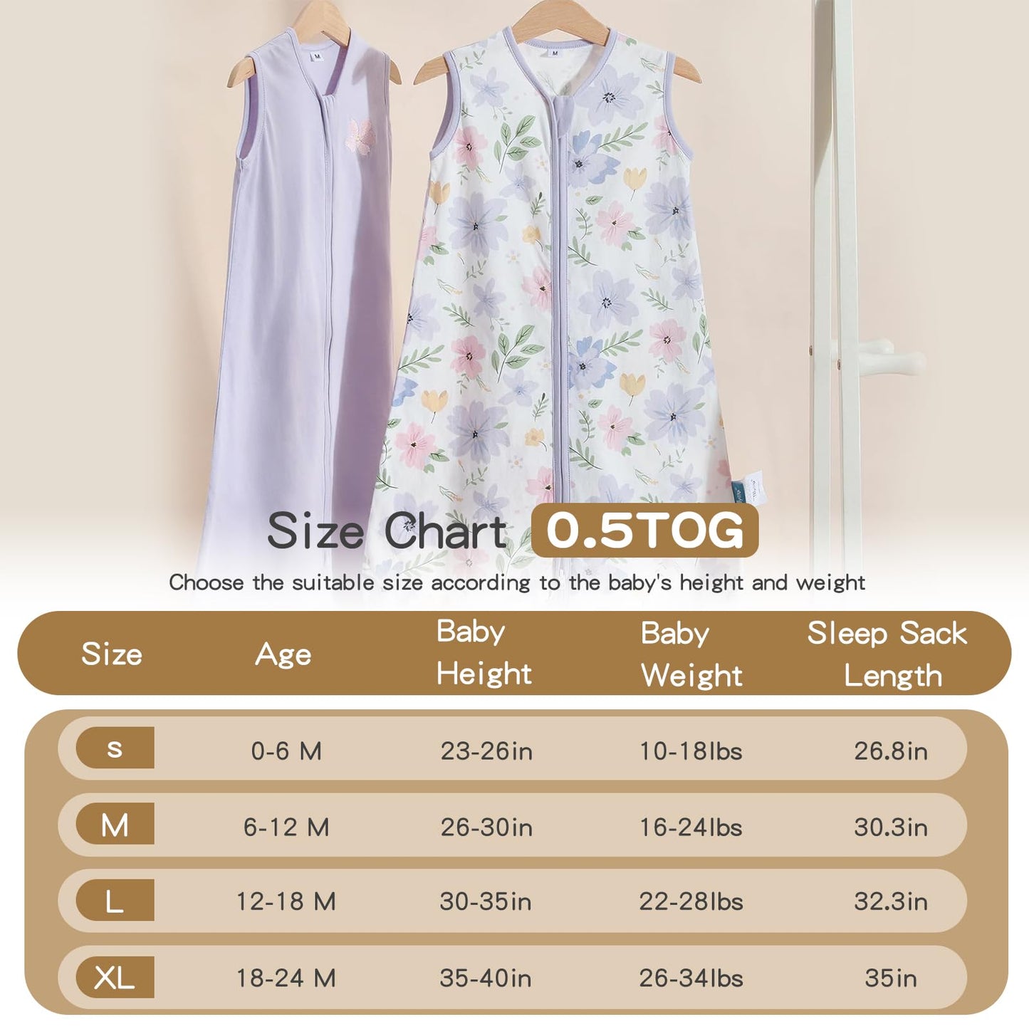 TILLYOU Sleep Sack 6-12 Months - 0.5 TOG Baby Wearable Blanket with 2-Way Zipper, Lightweight Cotton Summer Sleeping sack 2 Pack, Brilliant little flowers and purple