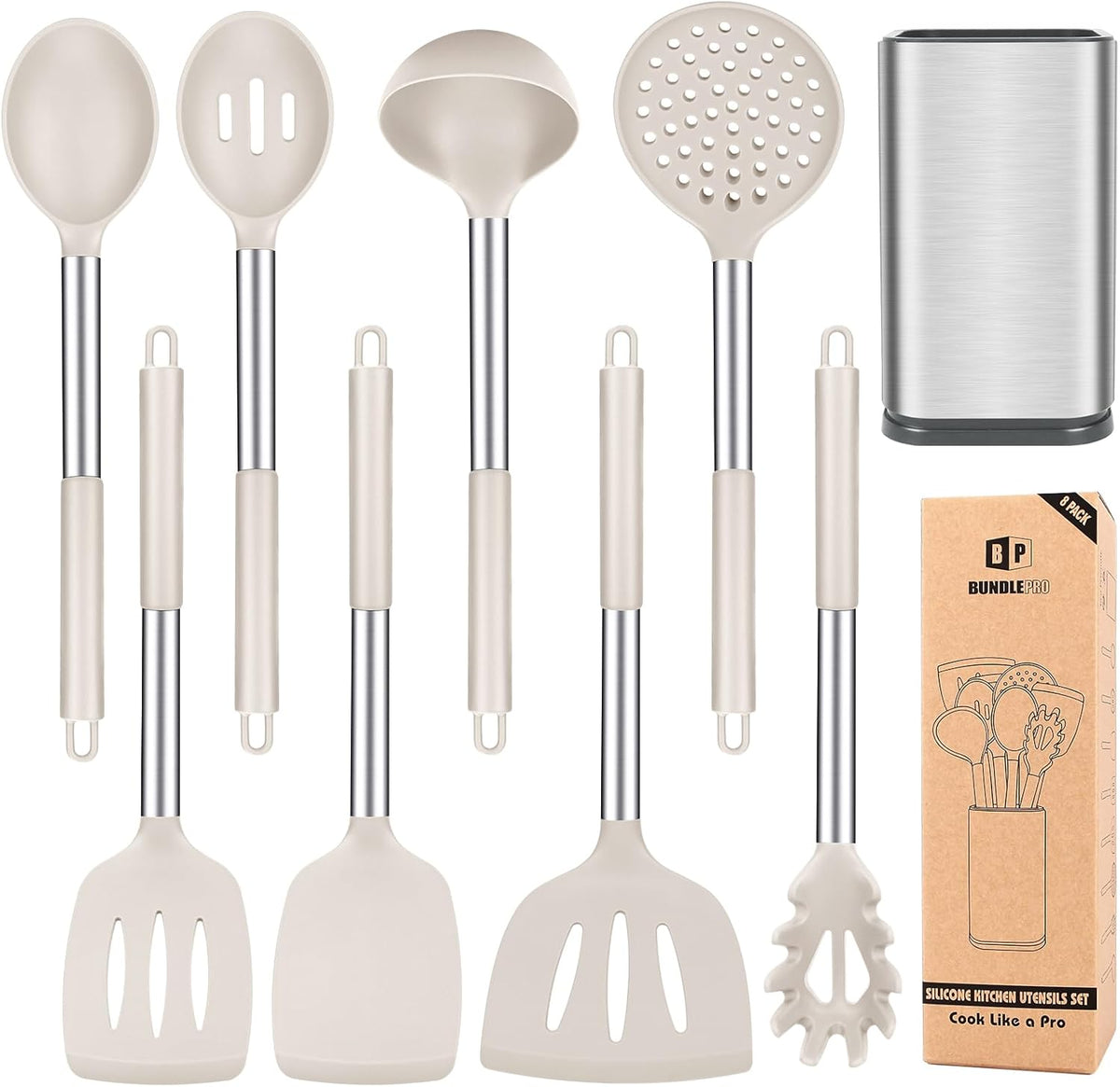 Silicone Cooking Utensil Set, 8Pcs Non-stick Cookwares with Stainless Steel Handle, BPA Free Heat Resistant Kitchen Tools with Spatulas, Turners, Spoons, Skimmer and Pasta Fork (KHAKI)