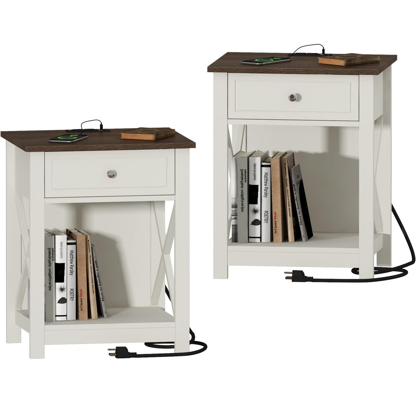 Treocho Farmhouse End Table Set of 2,Nightstand with Charging Station, X-Design Side Table with 2 AC and USB Power Outlets, Small Night Stand with Storage Drawer and Open Shelf for Living Room