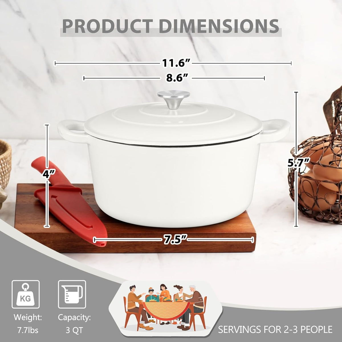3 Qt Enameled Cast Iron Dutch Oven with Lid, E-far Small Round Nonstick Dutch Oven Pot for Bread Baking Braising Stews Roasting Cooking, Heavy Duty, Induction & Oven Safe - White