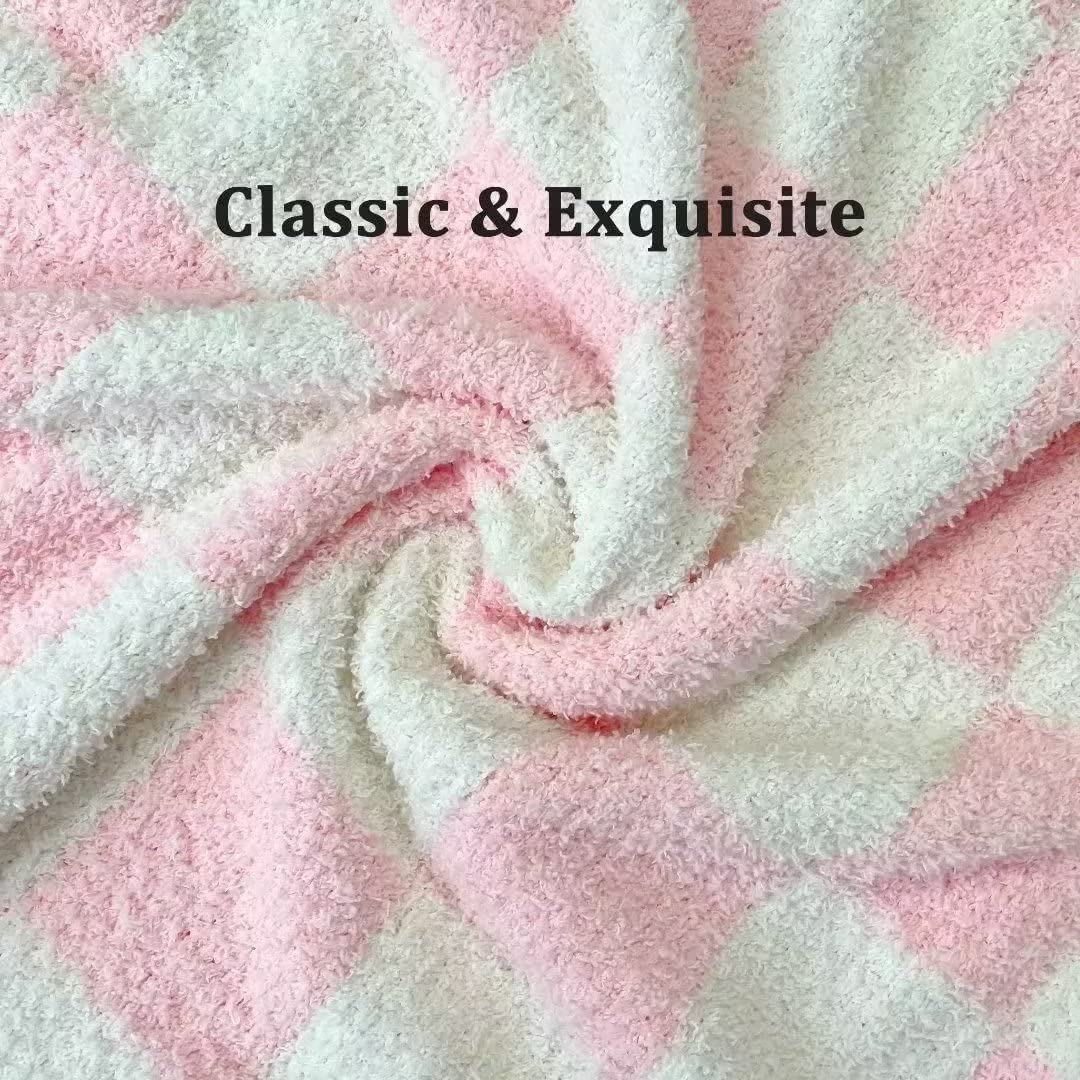 Ultra Soft Checkerboard Grid Blanket Cozy Buffalo Check Throw Fluffy Knitted Reversible Throw Blanket Lightweight Fleece Checkered Blanket for Sofa Couch Bed Travel, Blush Pink, 51''x63''