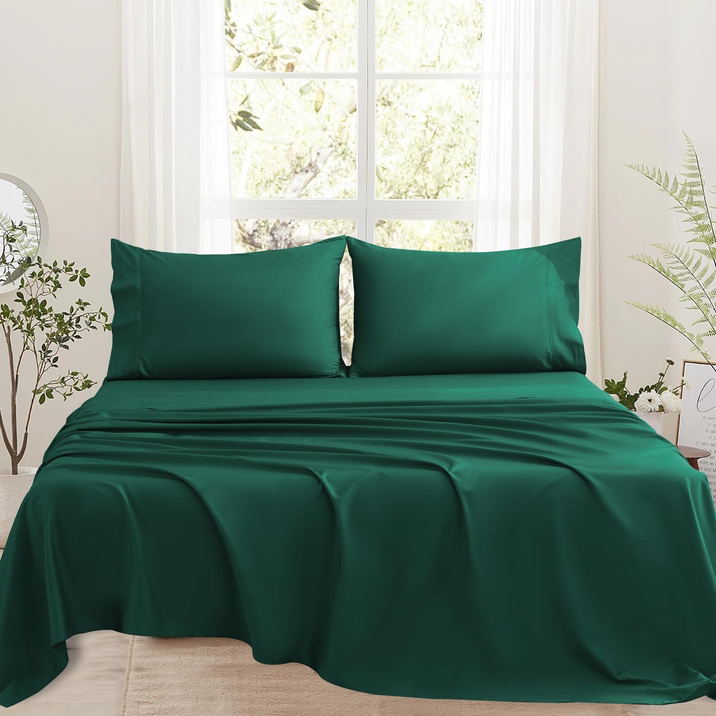 Bedlifes 1000 Thread Count 100% Egyptian Cotton King Size Sheets Set - Sateen Soft Silky Breathable Luxury Cooling 4 Pieces (Dark Green)