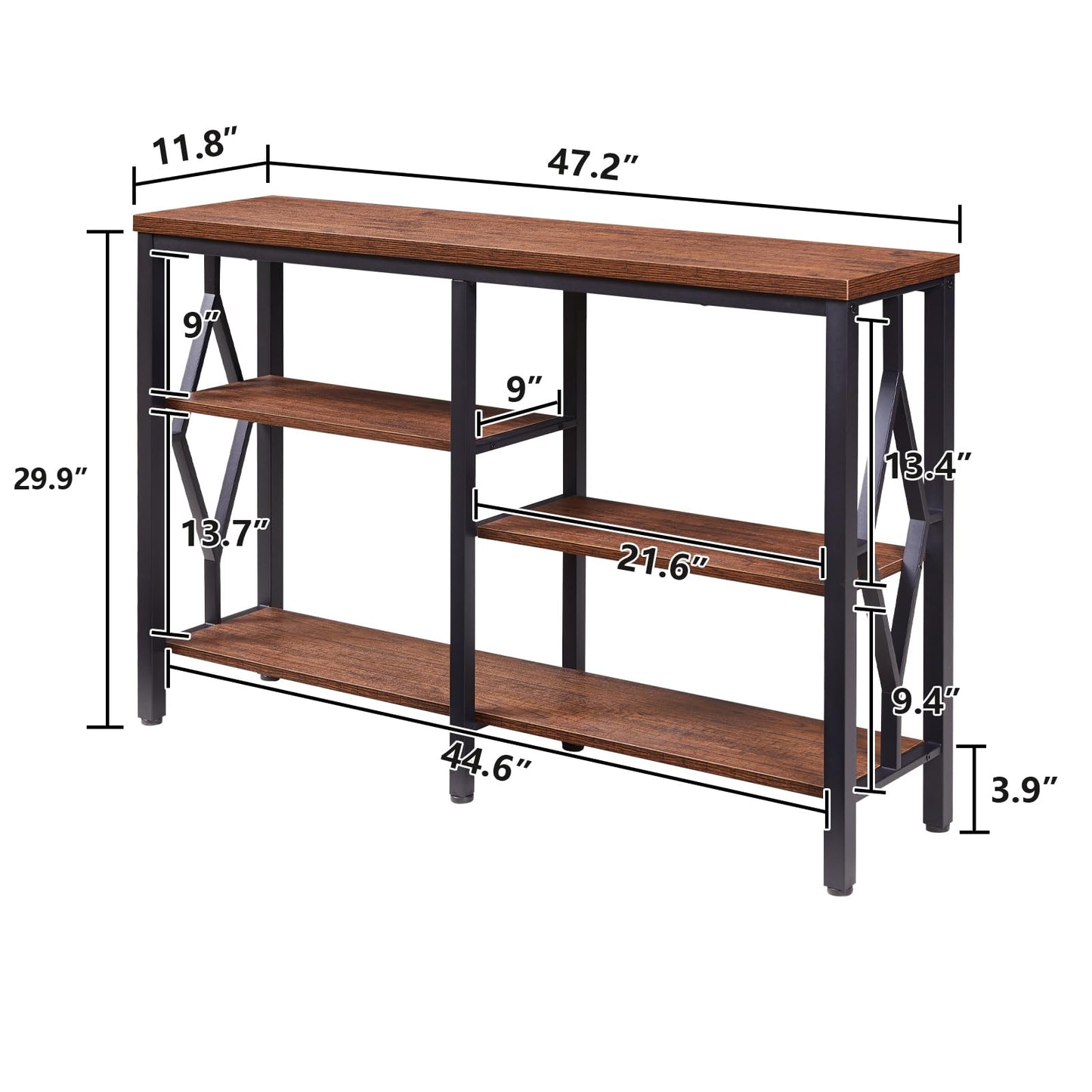 HOMBAZAAR Console Sofa Table, Rustic Entryway Table with Metal Frame and Open Shelves, Industrial Hallway Table with 3 Tier for Entry, Living Room, Foyer,Brown,47 inch