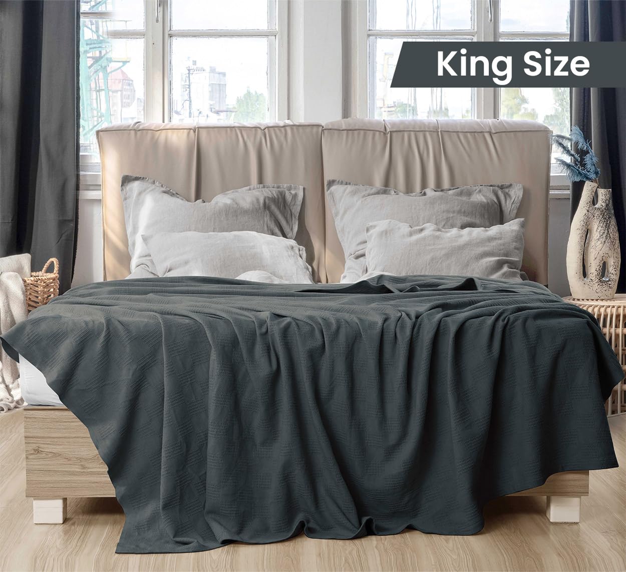 Utopia Bedding Smoke Gray 100% Cotton Blanket [King Size - 90x108 Inch] 350GSM Lightweight, Soft and Breathable Thermal Blanket for All Seasons