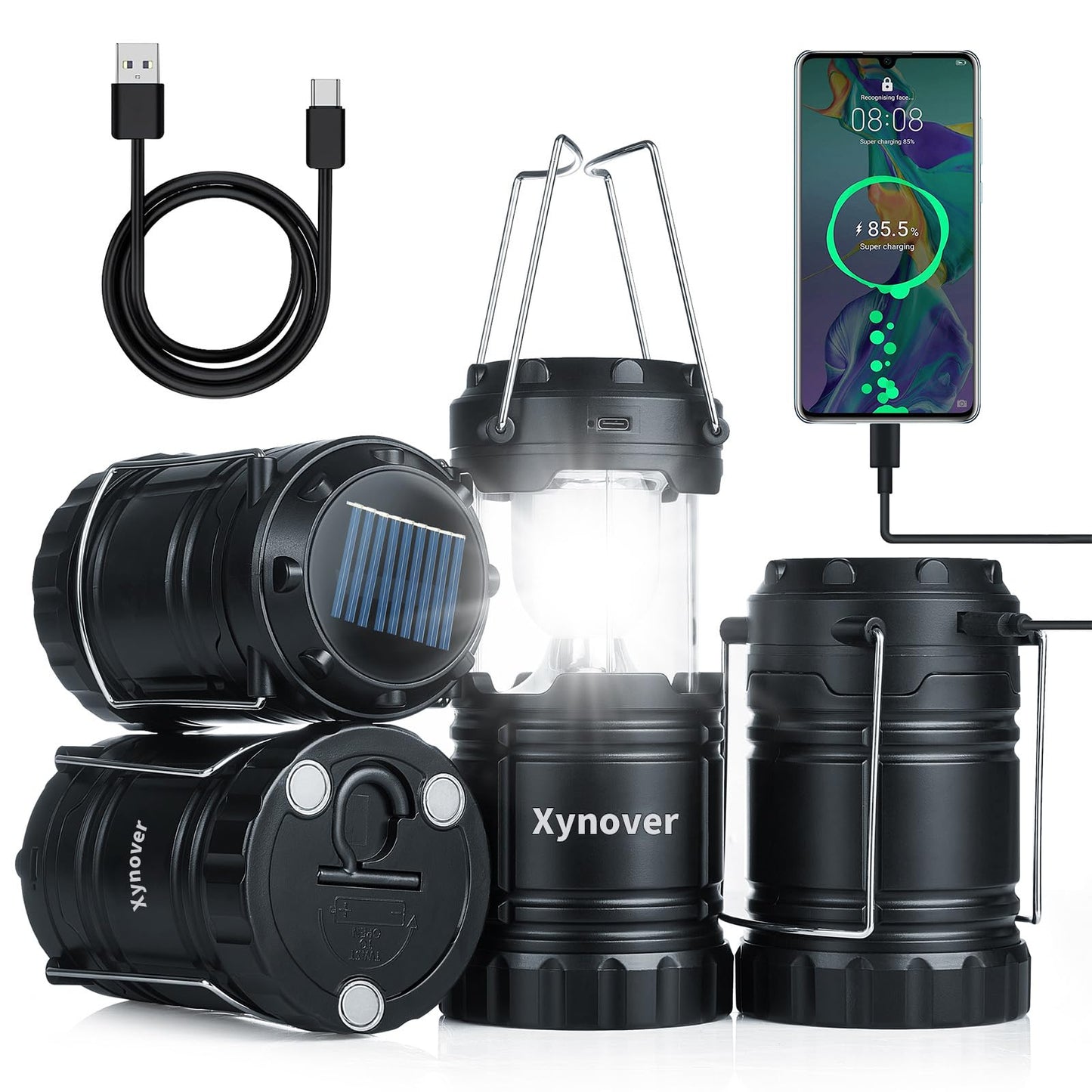Solar Camping Lantern 4-Pack - Rechargeable LED Lights, Magnetic Base & Foldable Hanging Hook- Collapsible Lamp Battery Powered Perfect for Power Outages, Hiking, Campsites, Emergencies