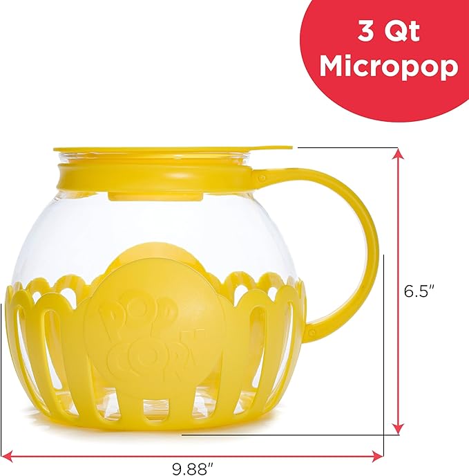 Ecolution Patented Micro-Pop Microwave Popcorn Popper with Temperature Safe Glass, 3-in-1 Lid Measures Kernels and Melts Butter, Made Without BPA, Dishwasher Safe, 3-Quart, Yellow
