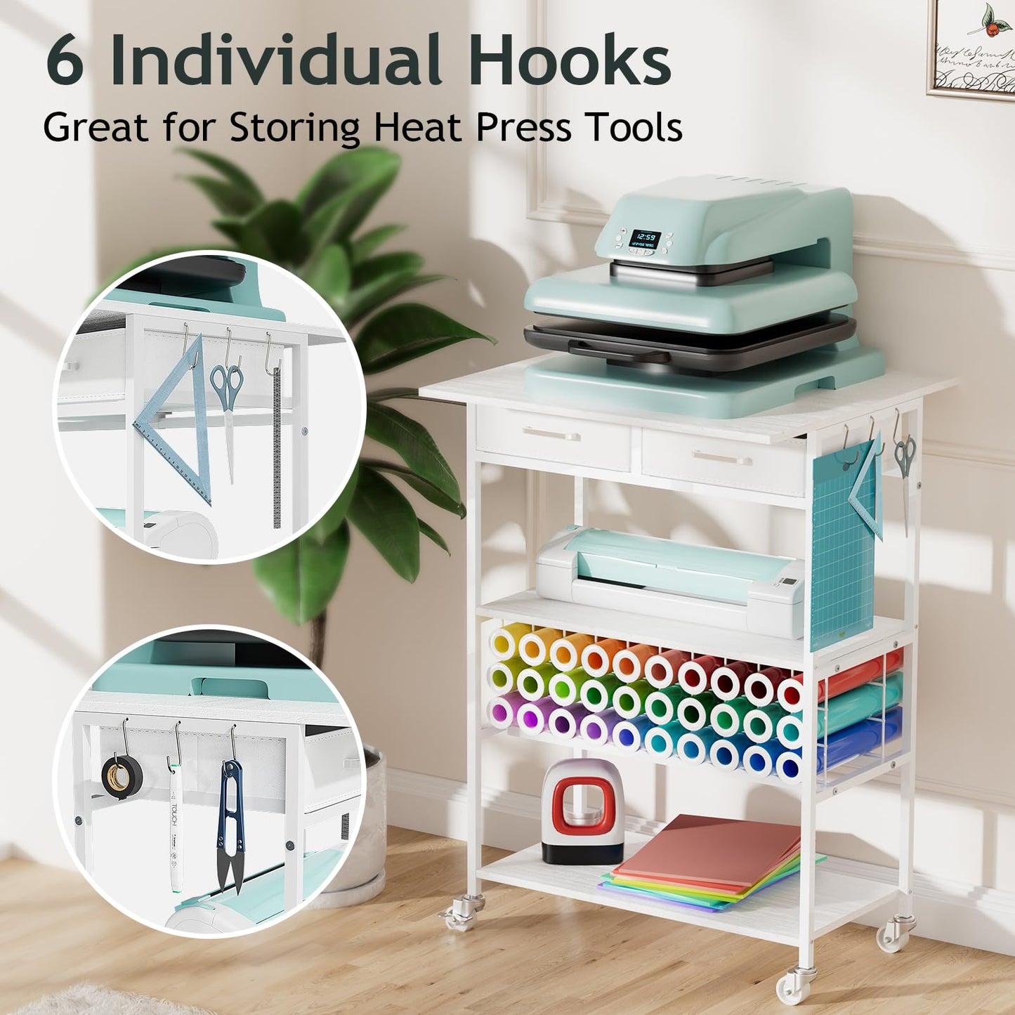 Homsorout Movable Heat Press Table - Heat Transfer Machine Stand Compatible for Cricut, Vinyl Roll Holder, Rolling Metal Wood Sublimation Printer Organizer for T Shirt Maker Craft, 23.6''×19.6''