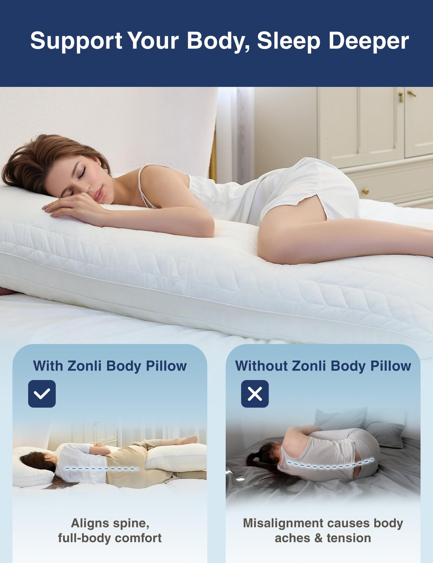 ZonLi Memory Foam Body Pillow for Adults, Long Pillow for Bed, Firm Body Pillow for Side Sleeper, Elegant Quilted Full Length Body Pillows Large -20x54 inch, White