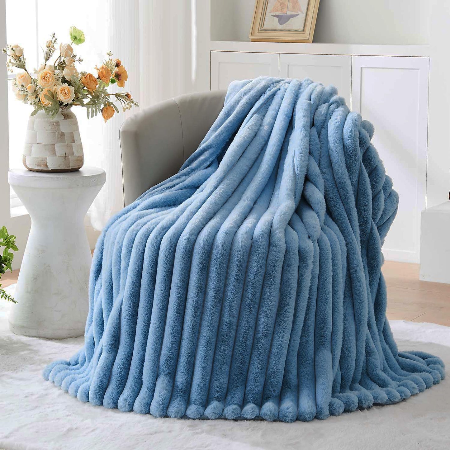 Lotus Karen Faux Fur Throw Blanket - Stripe Faux Rabbit Fur Blanket for Couch, Cozy Soft Fluffy Fuzzy Blanket, Warm Thick Furry Plush Shaggy Small Blankets for Women, Blue,50x60 Inches