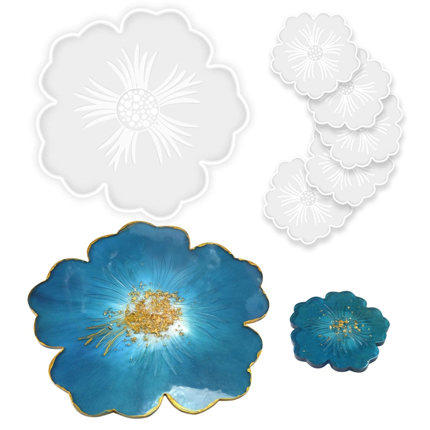 Panamalar Silicone Resin Molds, 1PCS Large Resin Tray Mold and 5PCS Coaster Molds for Resin Casting, Flower Shape Epoxy Resin Casting Molds for DIY, Home Decoration, Table Wine Tray-6 PCS