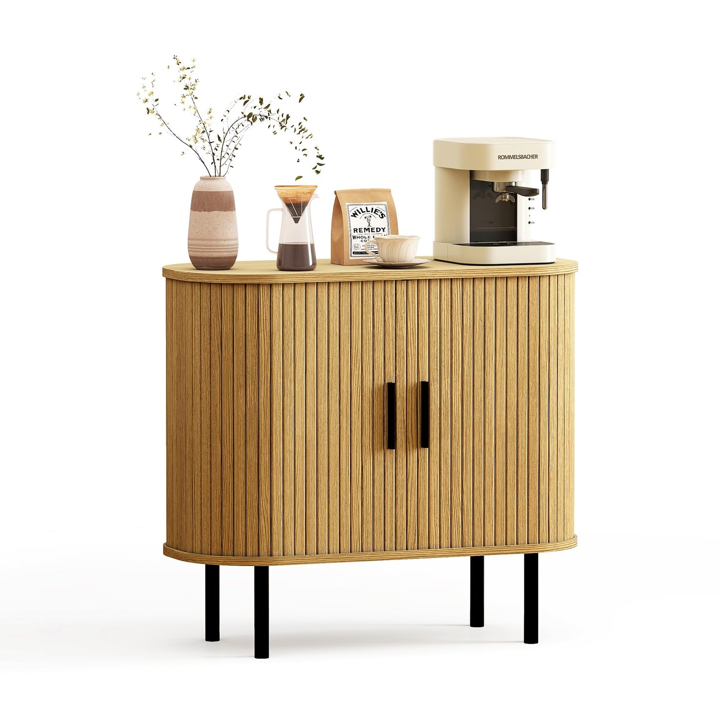 BREEZEHEAT 35" Fluted Sideboard Buffet Cabinet –Mid Century Modern Accent Cabinet-Tambour Credenza Console Table w/Sliding Doors & Adjustable Shelves–for Kitchen, Entryway, Living Room, Dining Room