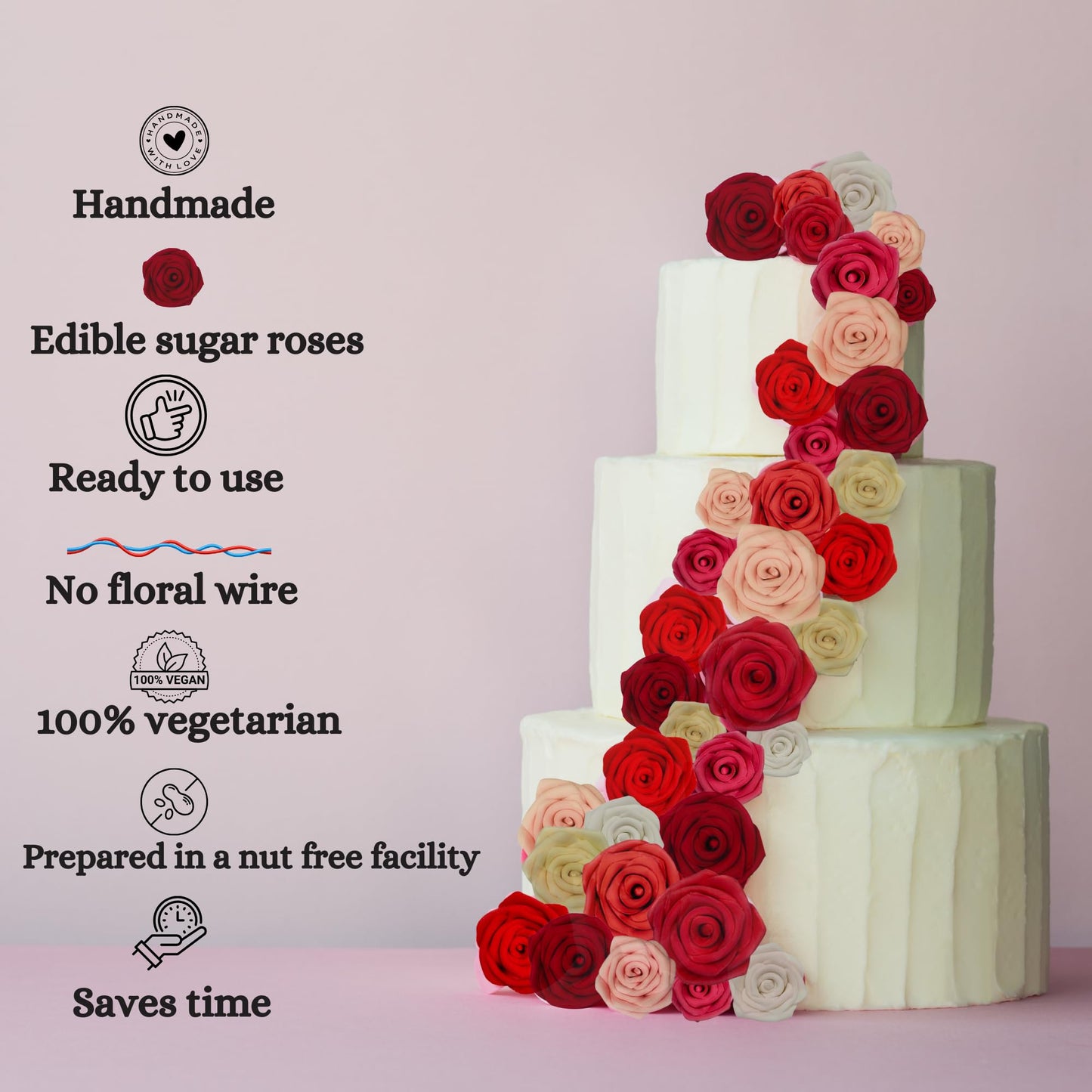 Confect Edible Rose Topper | Pretty Peach Pearl Edible Rose Toppers for Cakes, Cupcakes & Doughnuts | Perfect for Cake Decorations & Cupcake - Vegan, Dairy-Free, Palm Oil-Free - Pack of 12