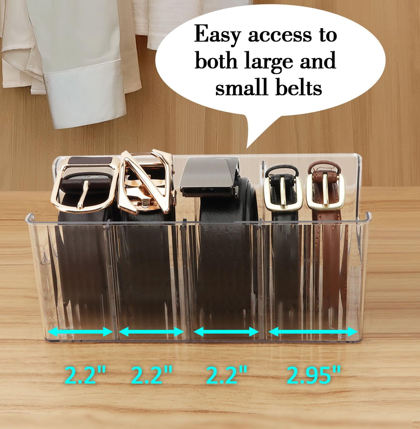 AUOIKK Acrylic Belt Organizer - 2 Pack with Adjustable 4 Compartments & Stackable Design, Clear Storage for Closet and Drawer Organization