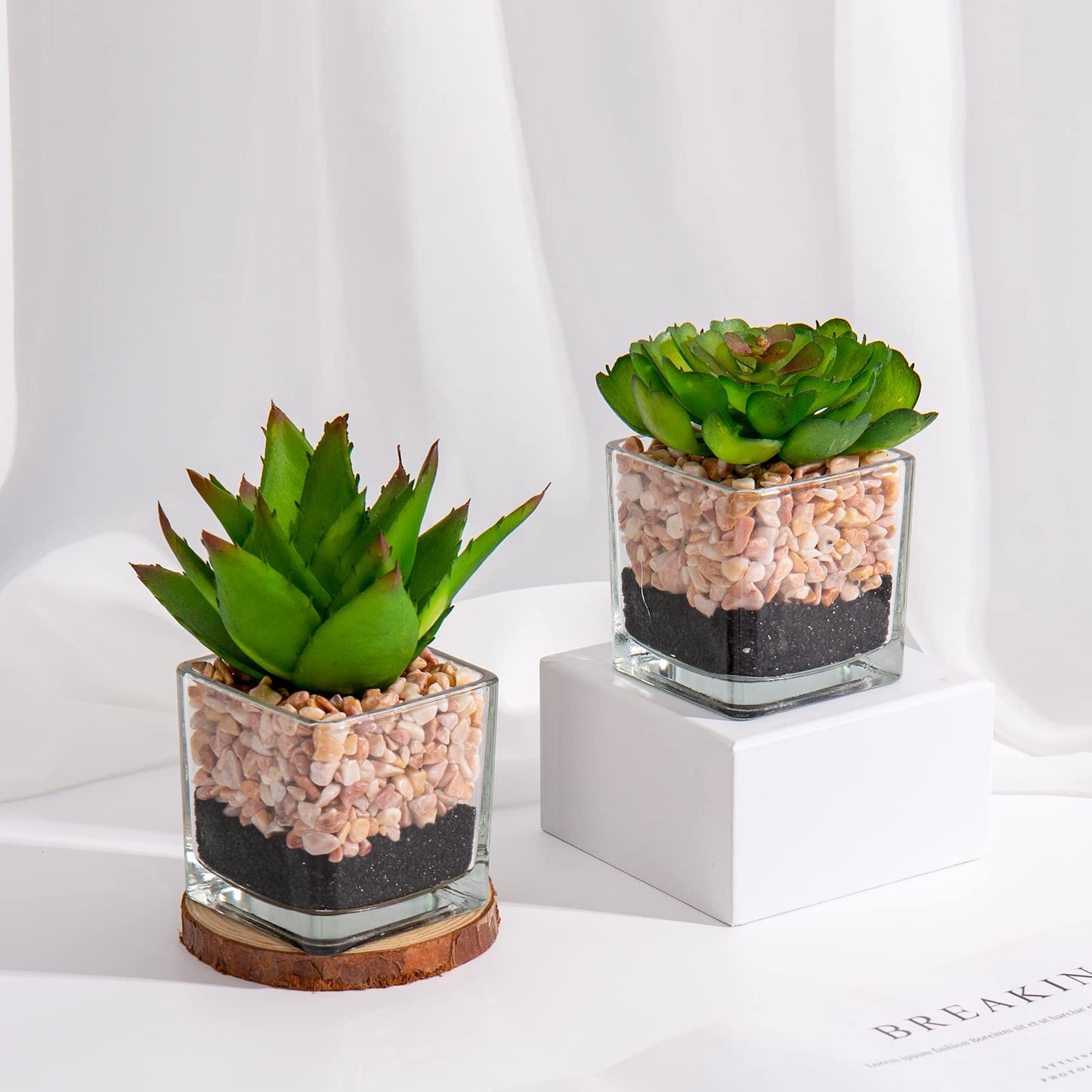 Briful Mini Fake Plants 3 Packs Cute Succulents Artificial Plants in Square Glass Vase Pot Potted Faux Succuletns for Living Room Dining Room Bathroom Kitchen Windowsill Table Decor