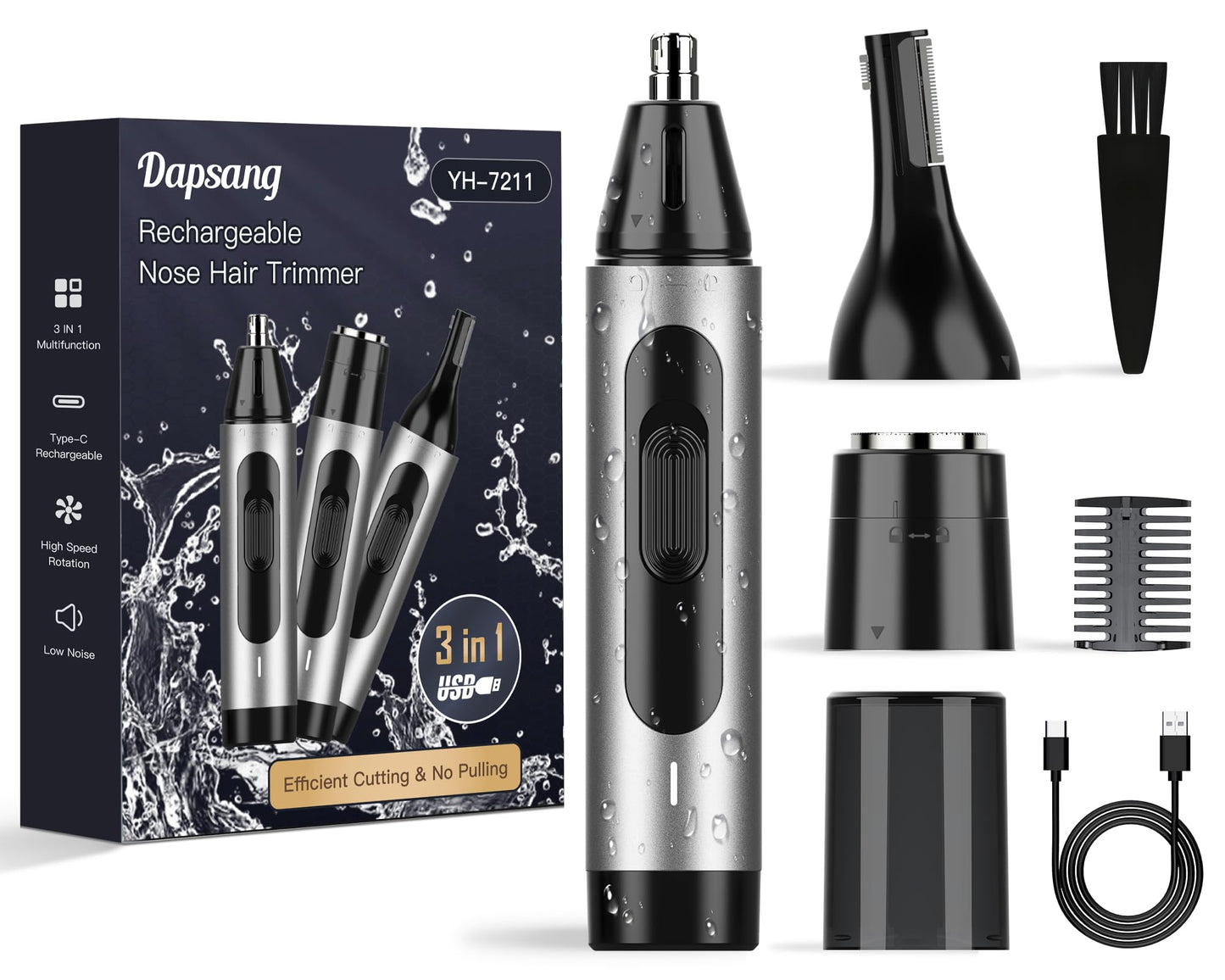 Ear and Nose Hair Trimmer for Men, USB Rechargeable Nose Clipper Professional Painless Nasal Shaver Razor 3 in 1 Electric Eyebrow Facial Hair Trimmer Kit Waterproof Dual-Edge Blades Easy Cleansing