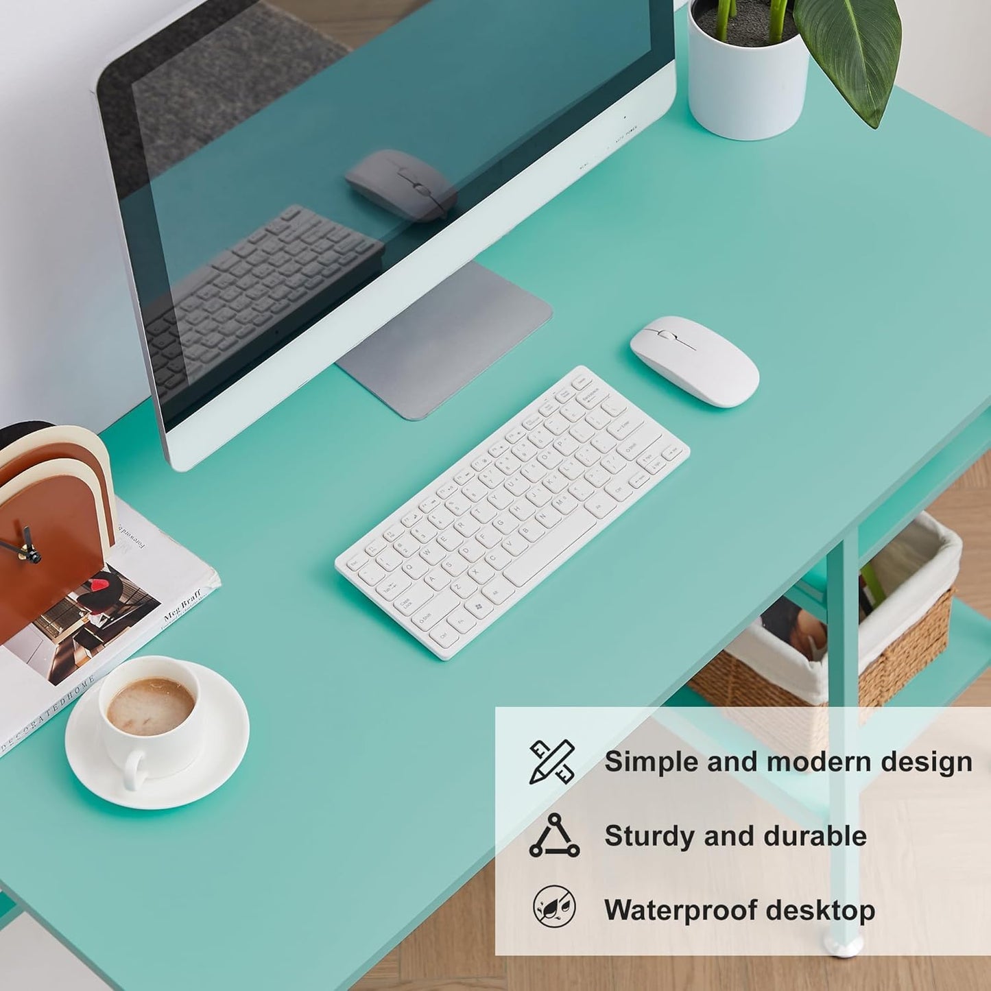 VECELO 43 Inch Computer Desk Writing Study Work Office Table Modern Desk with Shelves Wooden Desk for Home Bedroom,Blue Desk