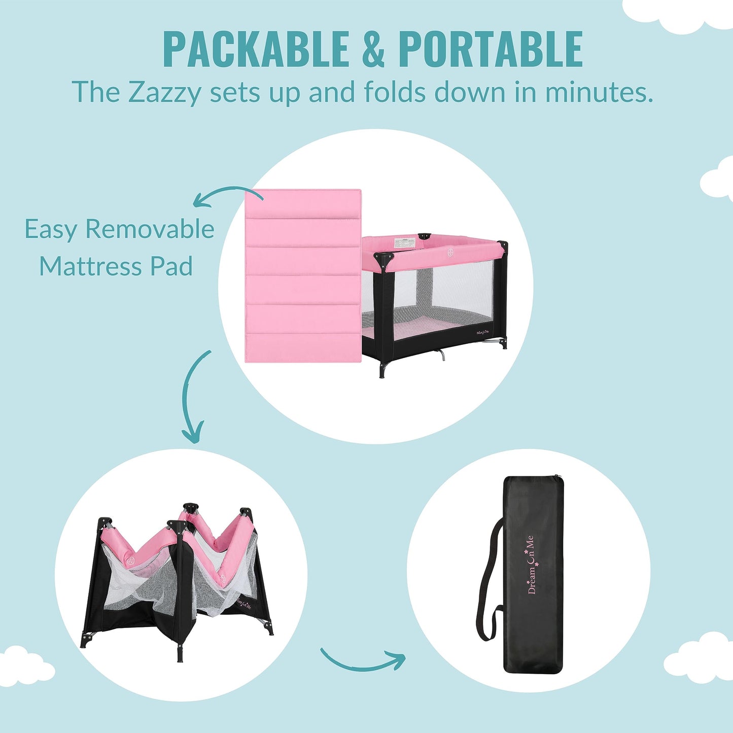 Dream On Me Zazzy Portable Playard with Bassinet in Pink, Packable and Easy Setup Baby Playard, Lightweight and Portable Playard for Baby with Mattress and Travel Bag