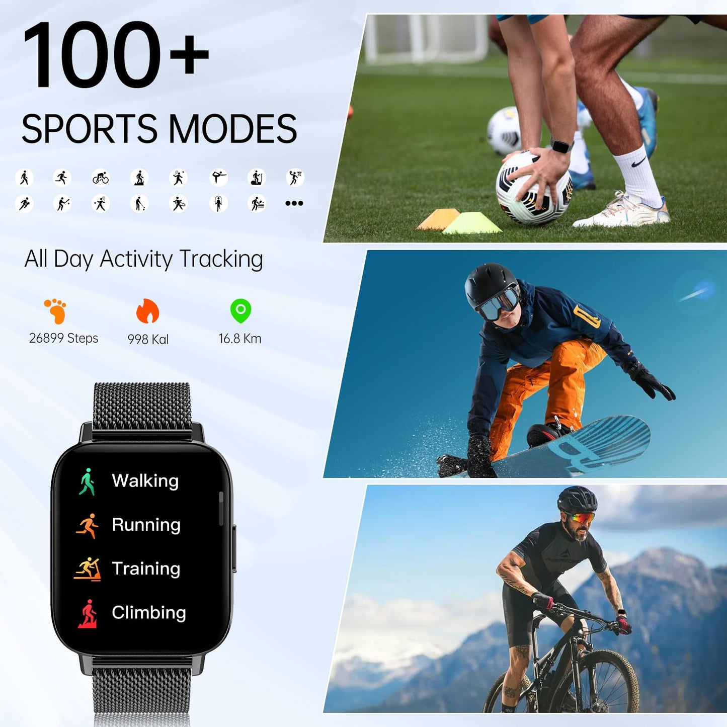 Smart Watch for Women Men(Answer/Dial Calls) 1.85" HD AI Voice Smartwatch with Fitness Tracker/Step Counter/Heart Rate Sleep Monitor, 120+ Sports Modes, IP68 Waterproof for Android/iOS Black 2 Bands