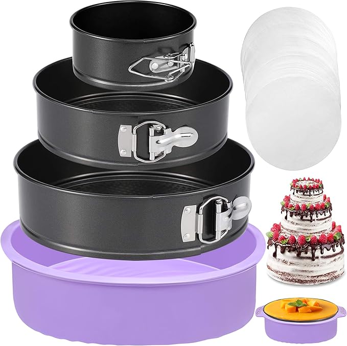 Springform Pan Set of 3 Leakproof Spring Form Pan for Cheesecake, Nonstick 4 7 9 Inch Cheesecake Pan with Silicone Protector, Springform Cheese Cake Pans Sets for Baking with 50Pcs Parchment Paper