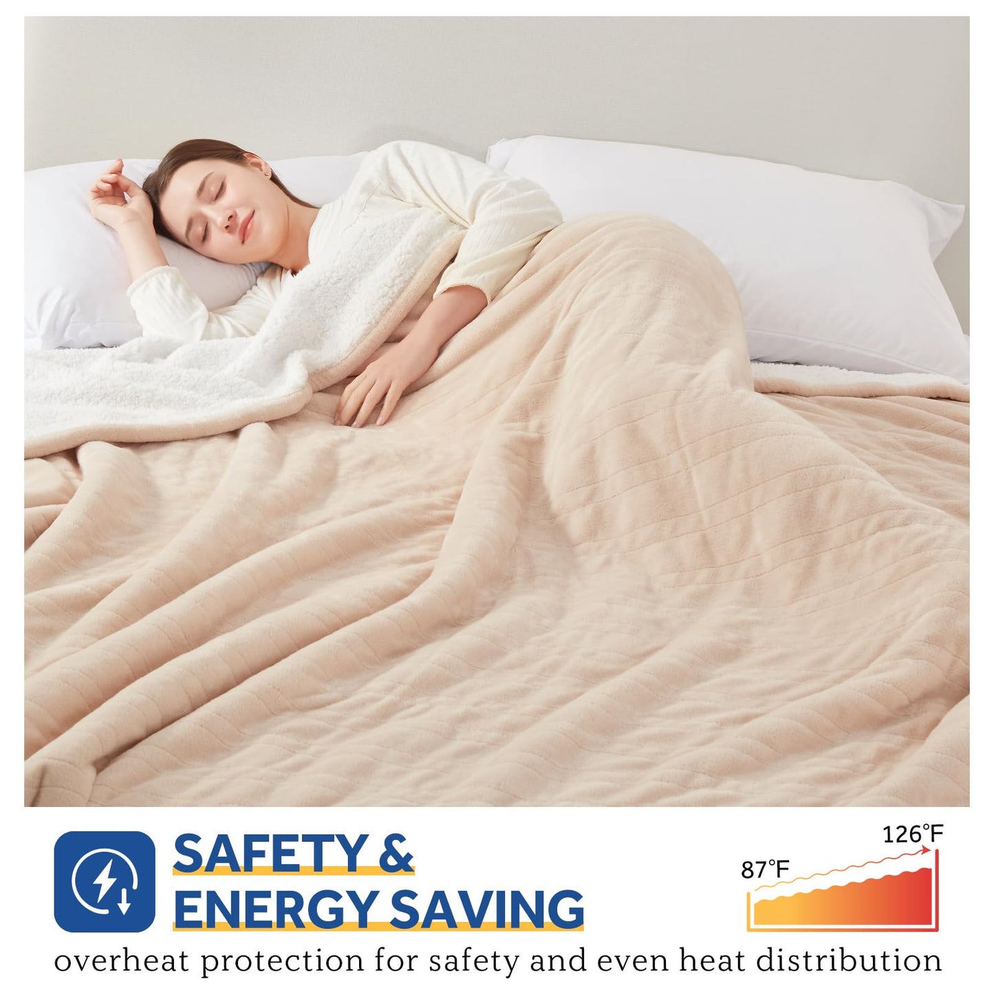 Sealy Electric Blanket Twin Size, Flannel & Sherpa Heated Blanket with 10 Heating Levels & 1-12 Hours Auto Off, Machine Washable, Beige, 62x 84 Inch