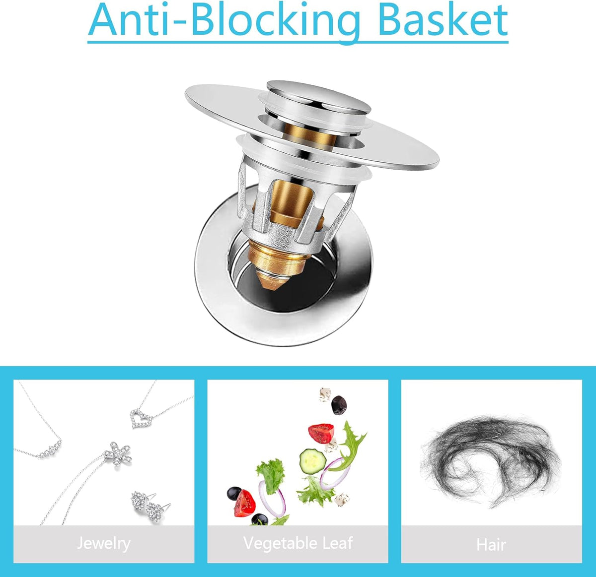Universal Sink Stopper with Hair Catcher, Faster Drainage, Bathroom Sink Drain Strainer in Brass, Pop Up Drain Cover, Basin Plug for 1.04~1.97 Inch Drain Hole