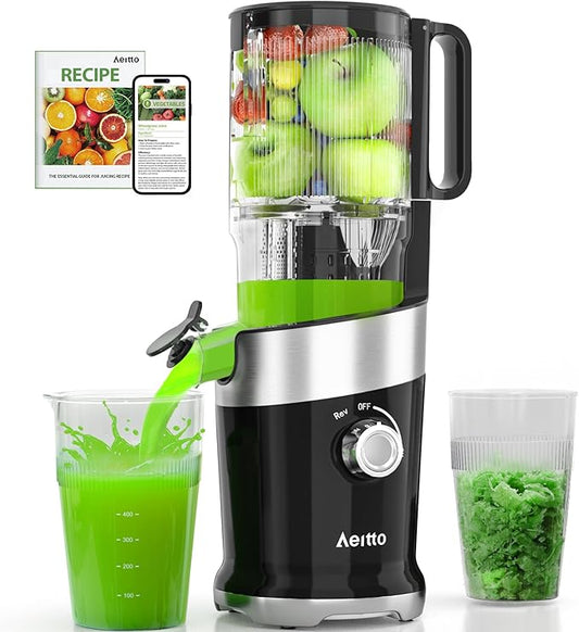 Cold Press Juicer with Whole Feed Chute, Aeitto Masticating Juicer Machines, Juice Extractor Machine Easy to Clean, High Juice Yield, For Whole Vegetables and Fruits, Easy to Assemble, Onyx Black
