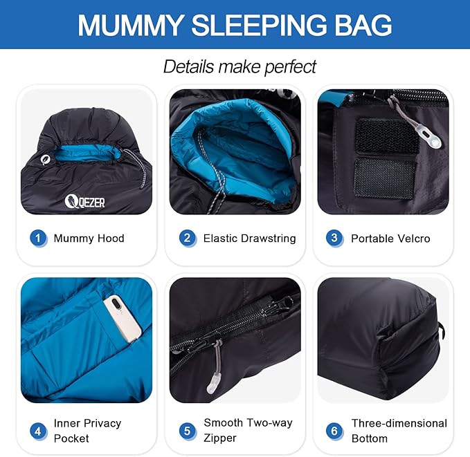 Down Sleeping Bag for Adults 0°F 10°F 15°F 20°F Backpacking Sleeping Bag for Cold Weather with Compression Sack