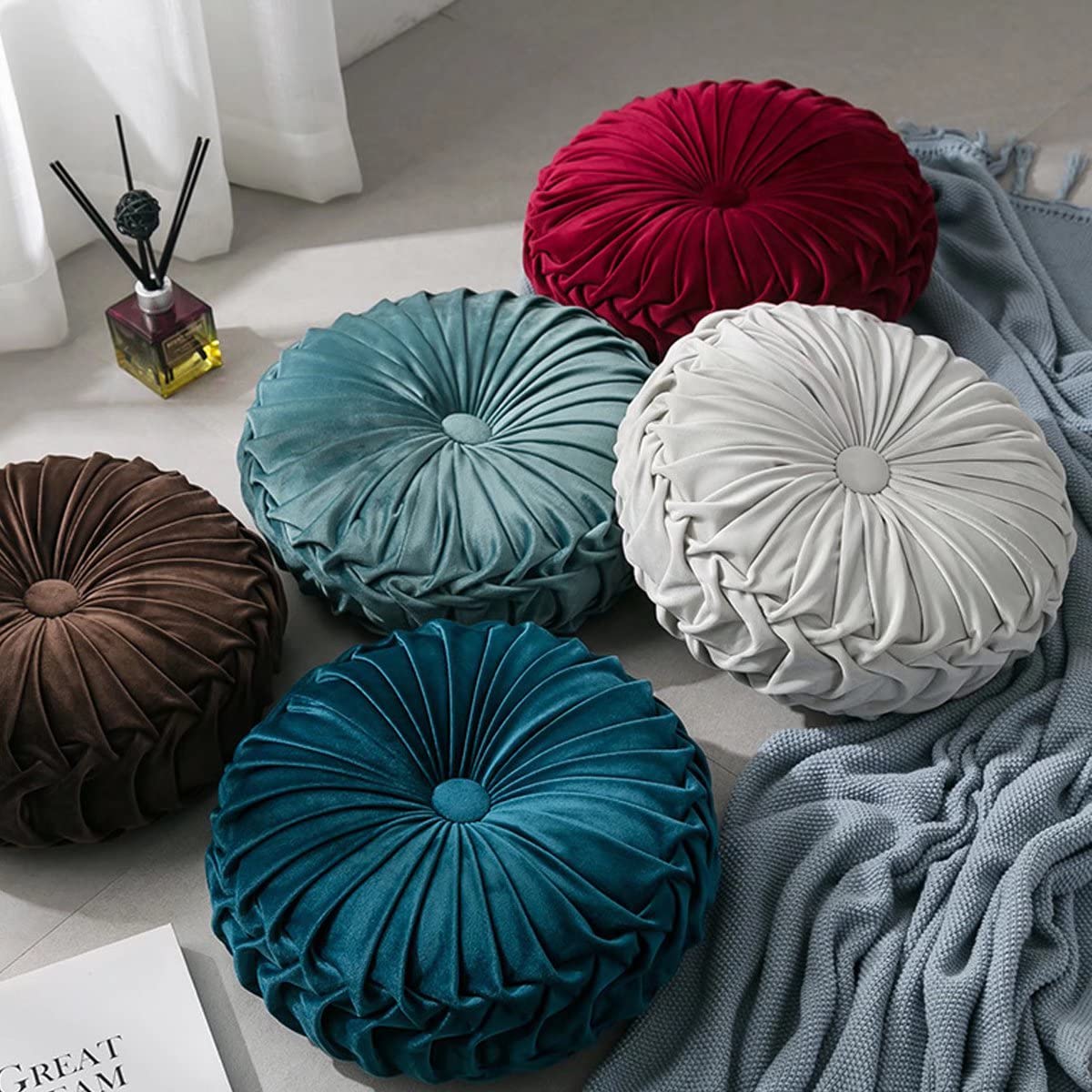HLOVME Round Velvet Pillow for Couch Small Handmade Decorative Throw Pillow for Bed Bedroom 13.7” Wine Red