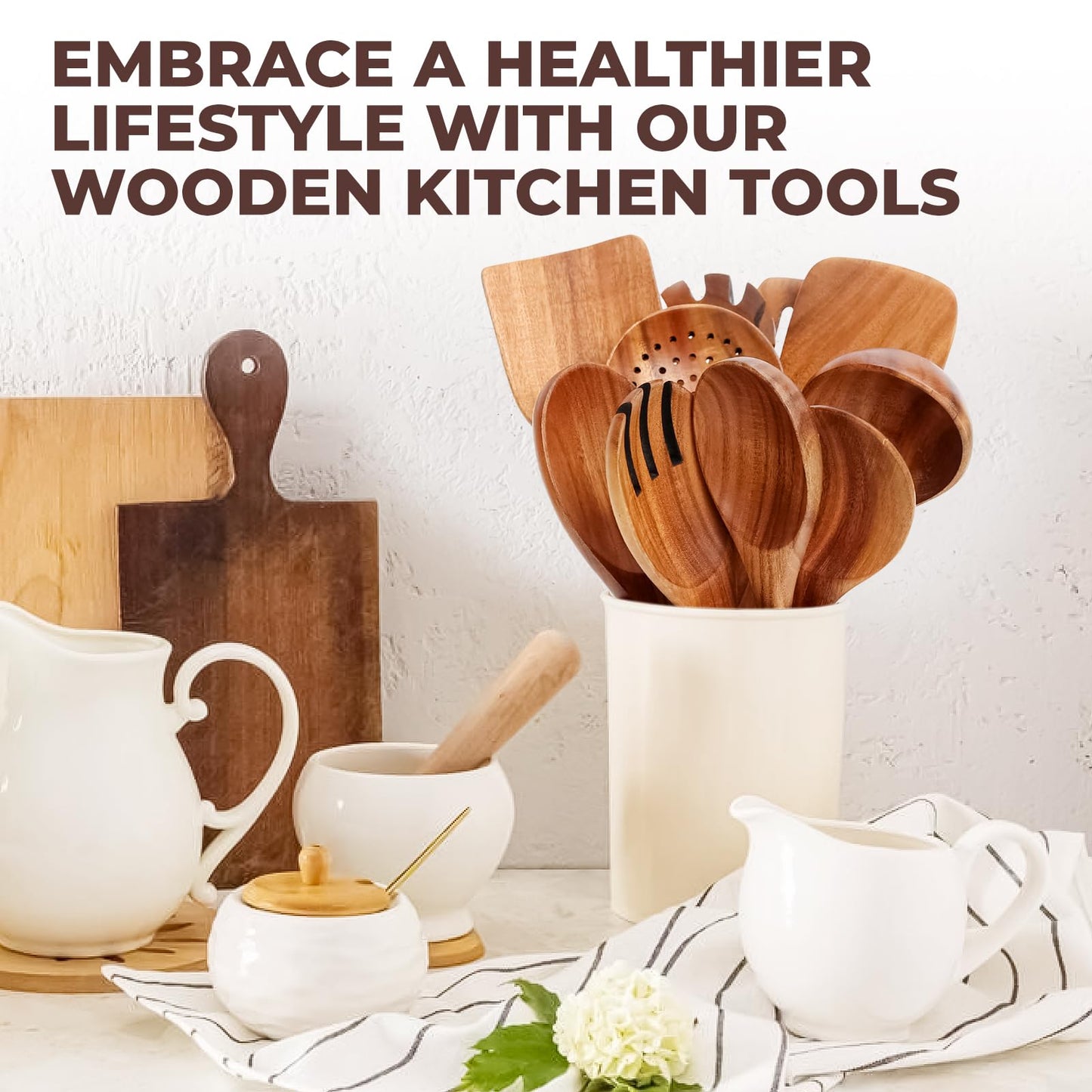 AIUHI Wooden Kitchen Utensils Set, No Scratch Wood Spatula and Spoon Set, Teak Wood Cooking Utensils Set for Kitchen Essential Tools 10 Pieces