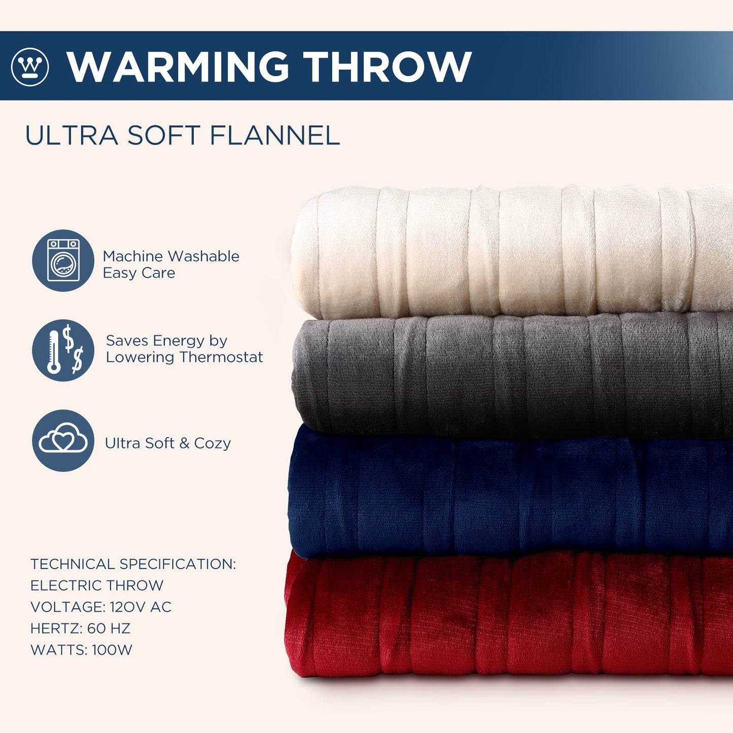 Westinghouse Electric Blanket Heated Throw, Super Cozy Soft Flannel 50" x 60" Heated Throw with 6 Fast Heating Levels & 2-10 Auto-Off, Machine Washable, ETL&FCC Certification, Home Office Use, Beige