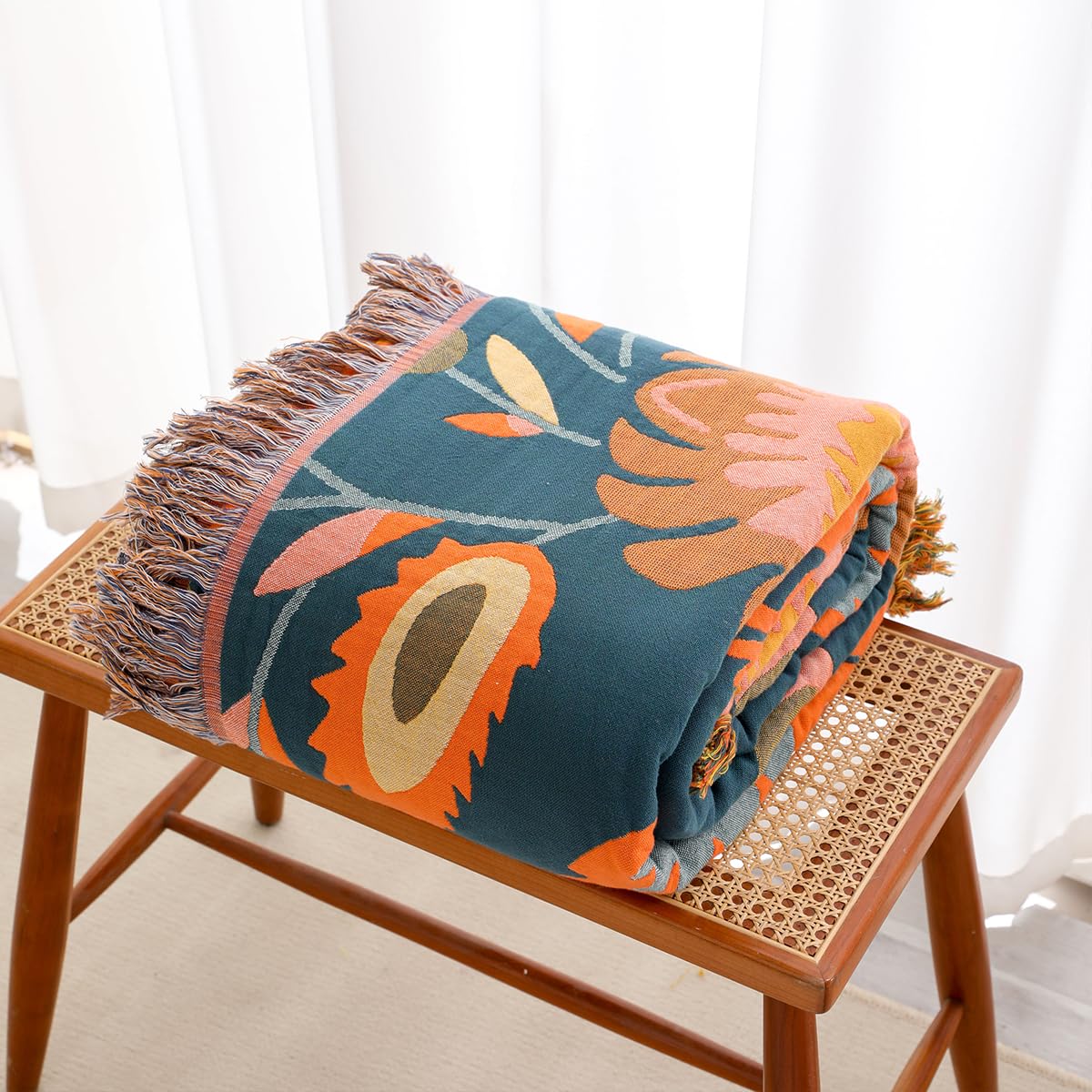 Hopstar Boho Throw Blanket for Bed - 100% Cotton Printed Farmhouse Decor Large Bed Blankets (Floral C, 60"×80")