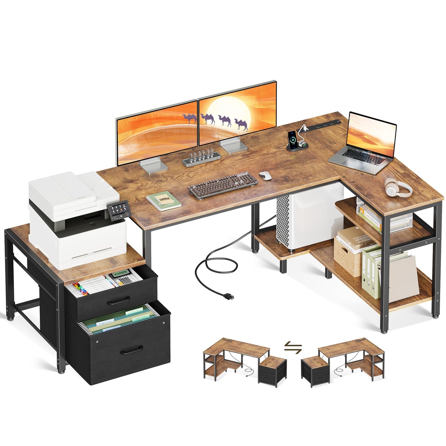 Casaottima L Shaped Desk with Drawers & File Cabinet, 55 Inch Computer Desk with Storage Shelves & CPU Stand, Corner Desk with Power Outlets, Reversible L Desk for Home Office, Brown